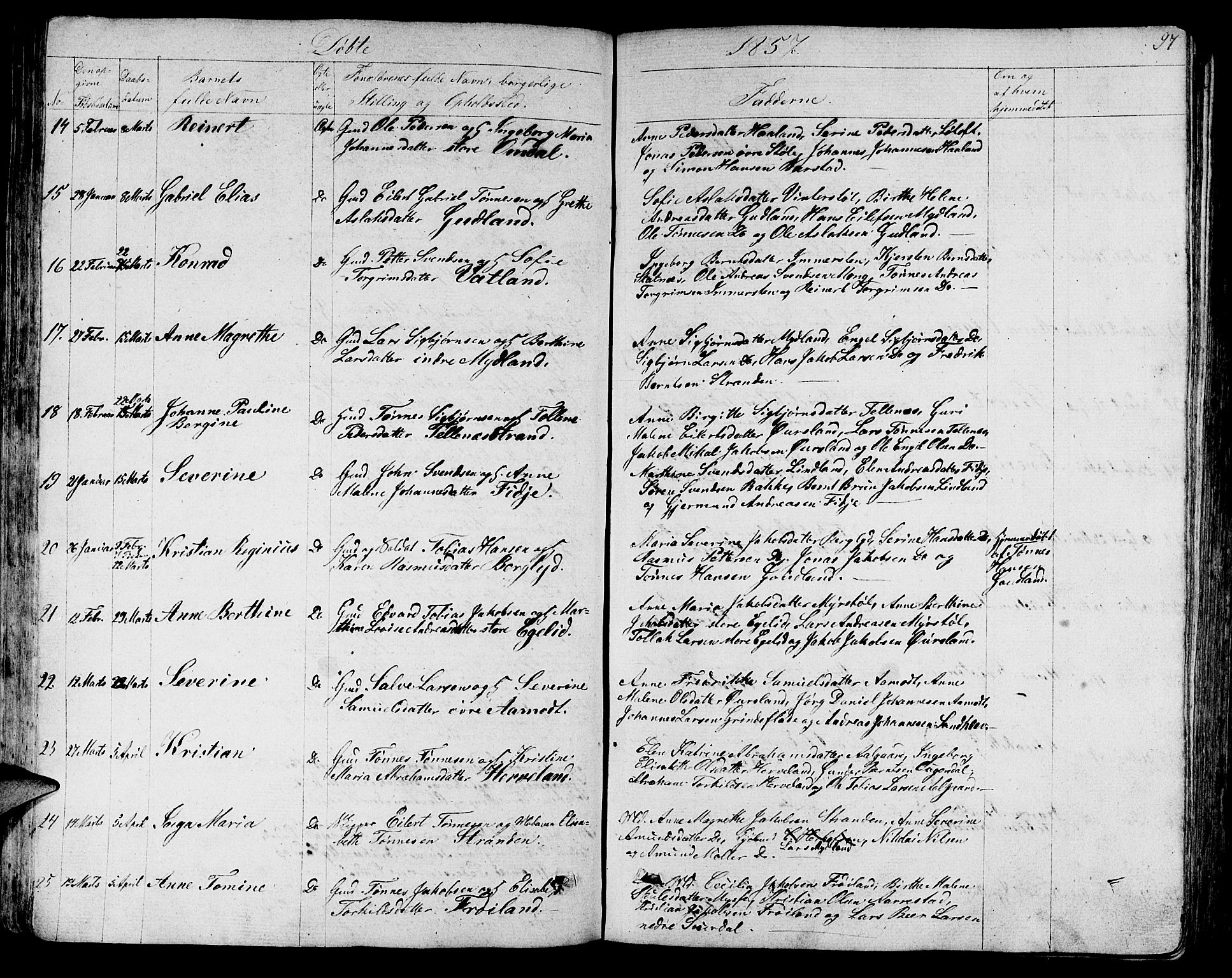 Sokndal sokneprestkontor, AV/SAST-A-101808: Parish register (copy) no. B 2, 1849-1865, p. 97