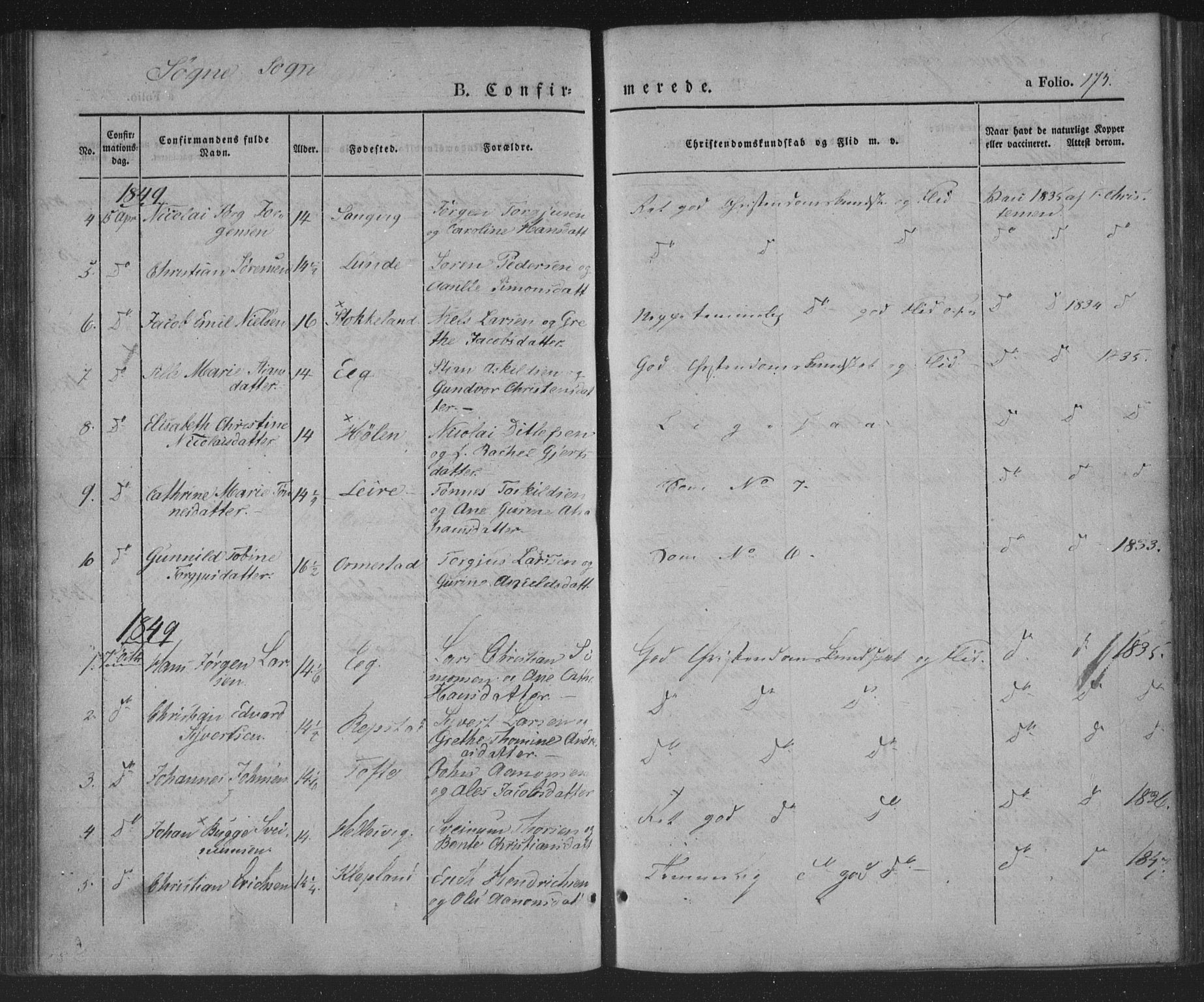 Søgne sokneprestkontor, AV/SAK-1111-0037/F/Fa/Fab/L0009: Parish register (official) no. A 9, 1838-1853, p. 175