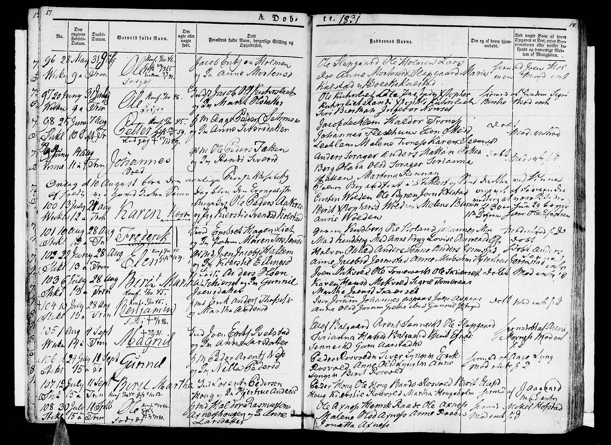 Ministerialprotokoller, klokkerbøker og fødselsregistre - Nord-Trøndelag, SAT/A-1458/723/L0238: Parish register (official) no. 723A07, 1831-1840, p. 17-18