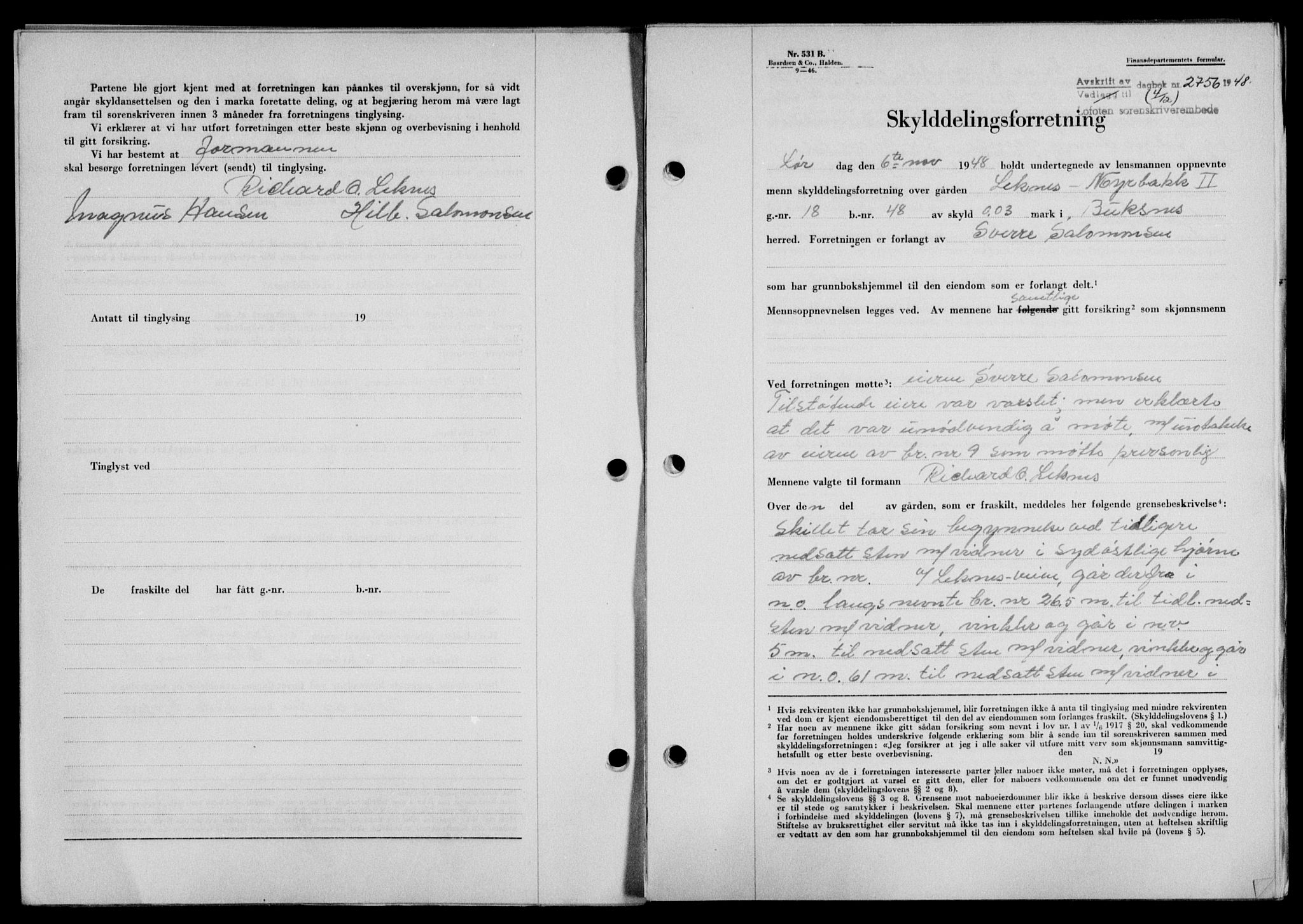 Lofoten sorenskriveri, SAT/A-0017/1/2/2C/L0020a: Mortgage book no. 20a, 1948-1949, Diary no: : 2756/1948