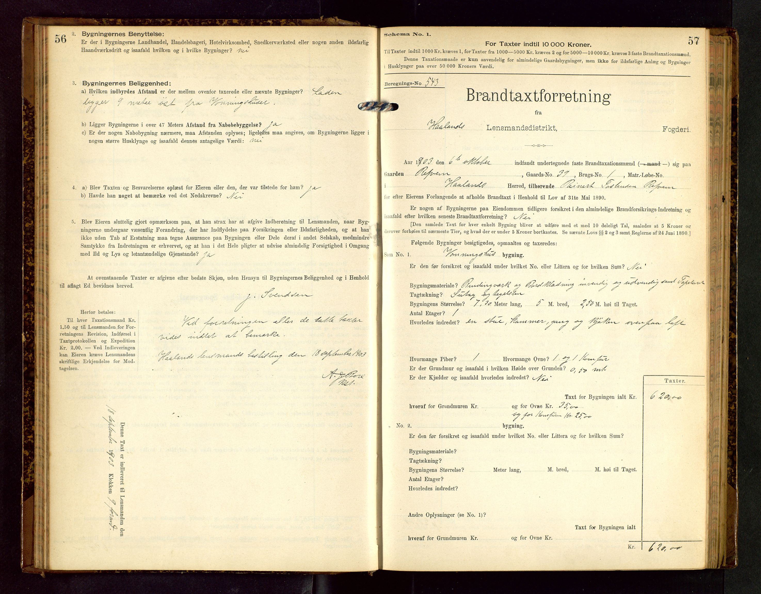 Håland lensmannskontor, SAST/A-100100/Gob/L0002: Branntakstprotokoll - skjematakst. Register i boken., 1902-1906, p. 56-57