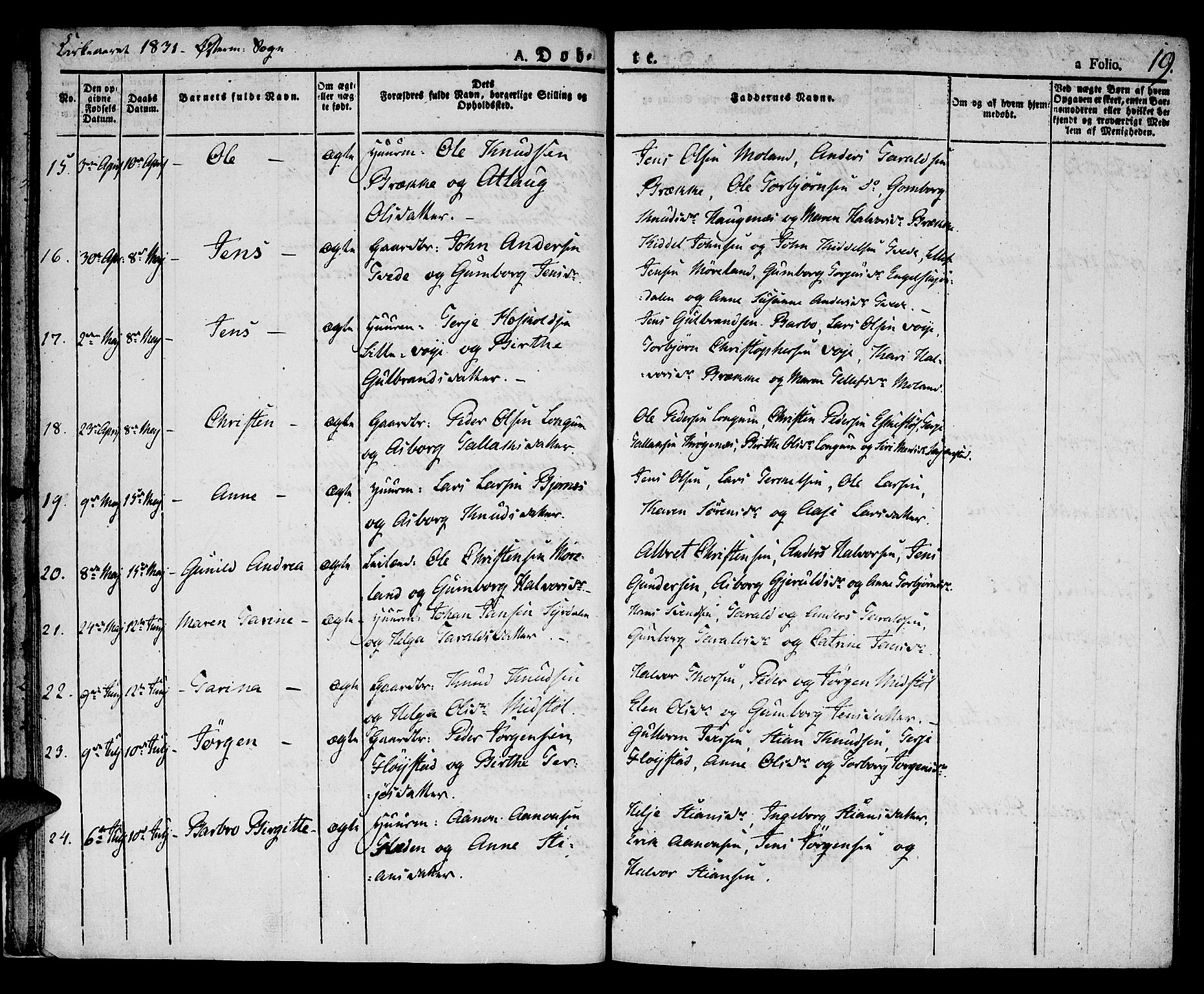 Austre Moland sokneprestkontor, SAK/1111-0001/F/Fa/Faa/L0005: Parish register (official) no. A 5, 1825-1837, p. 19
