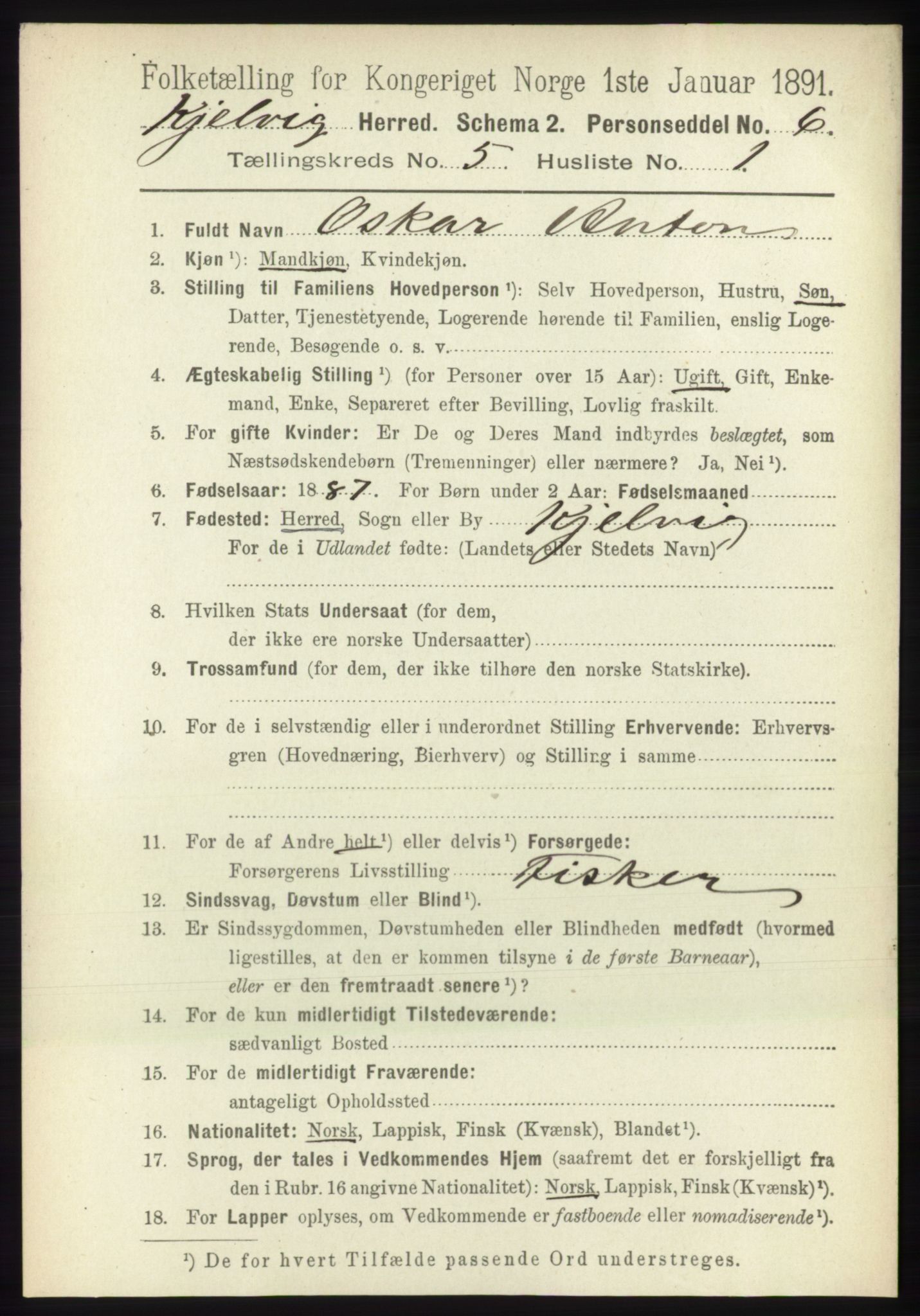 RA, 1891 census for 2019 Kjelvik, 1891, p. 551