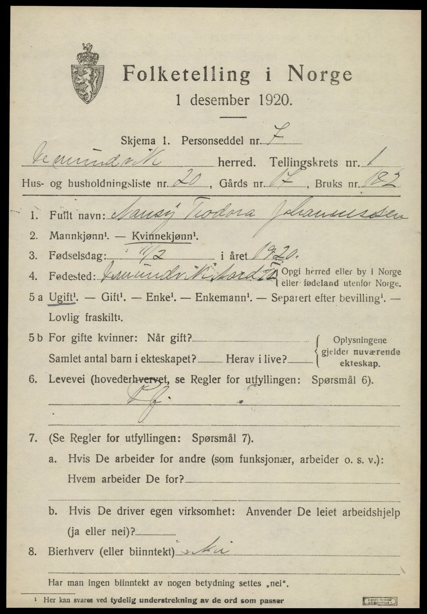 SAT, 1920 census for Vemundvik, 1920, p. 1015