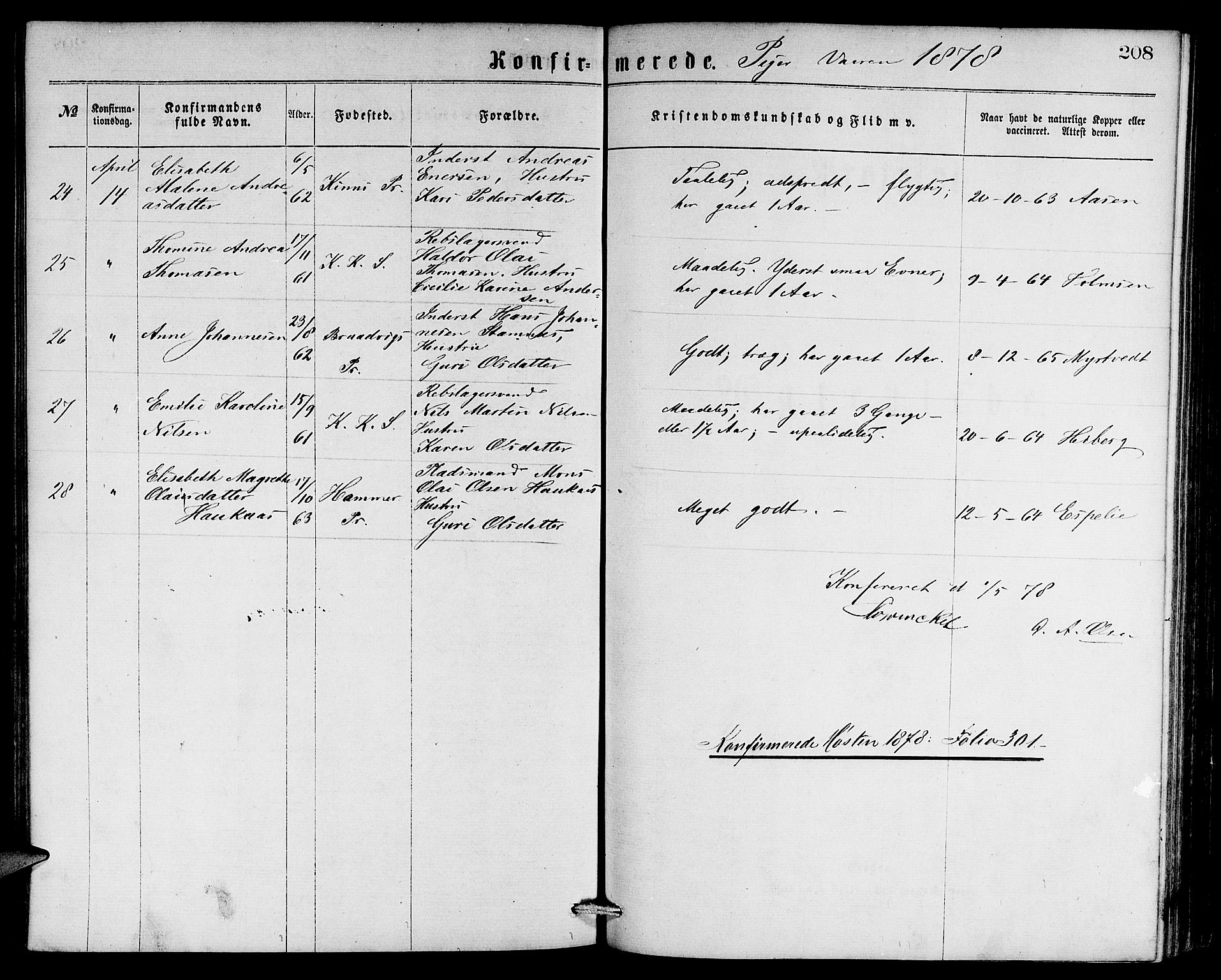 Sandviken Sokneprestembete, AV/SAB-A-77601/H/Hb: Parish register (copy) no. A 1, 1867-1879, p. 208