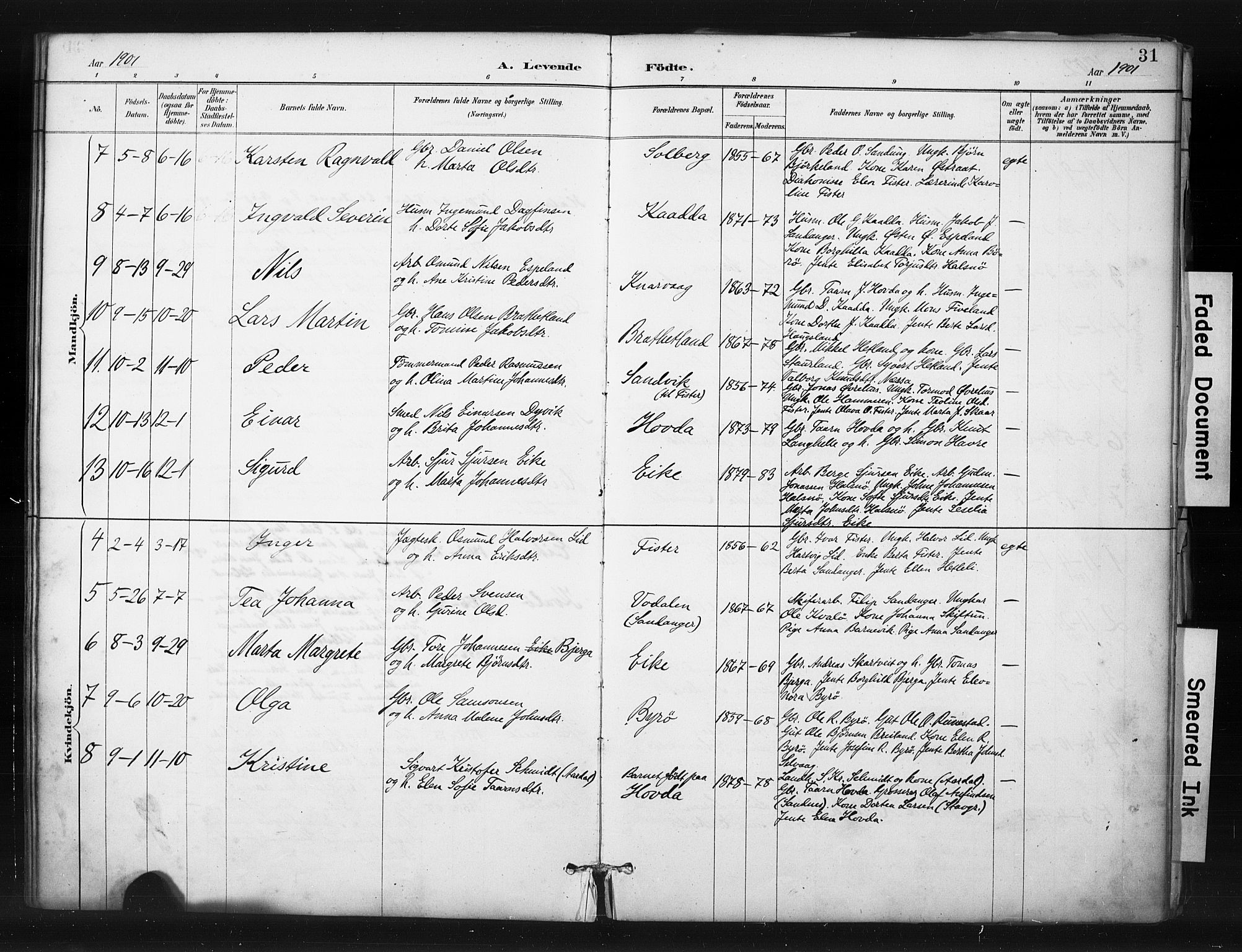 Hjelmeland sokneprestkontor, SAST/A-101843/01/IV/L0015: Parish register (official) no. A 15, 1887-1910, p. 31