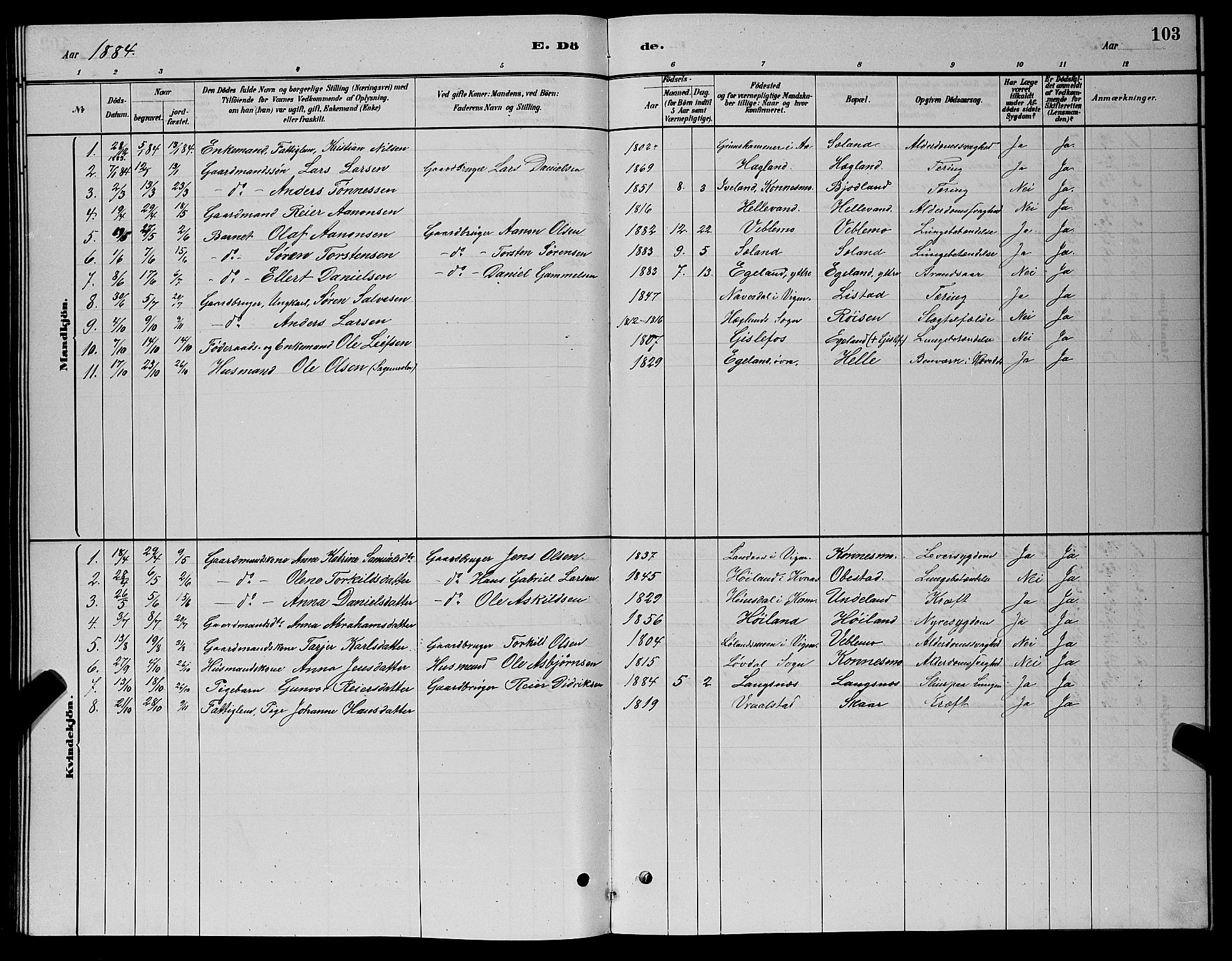 Nord-Audnedal sokneprestkontor, AV/SAK-1111-0032/F/Fb/Fba/L0003: Parish register (copy) no. B 3, 1881-1900, p. 103