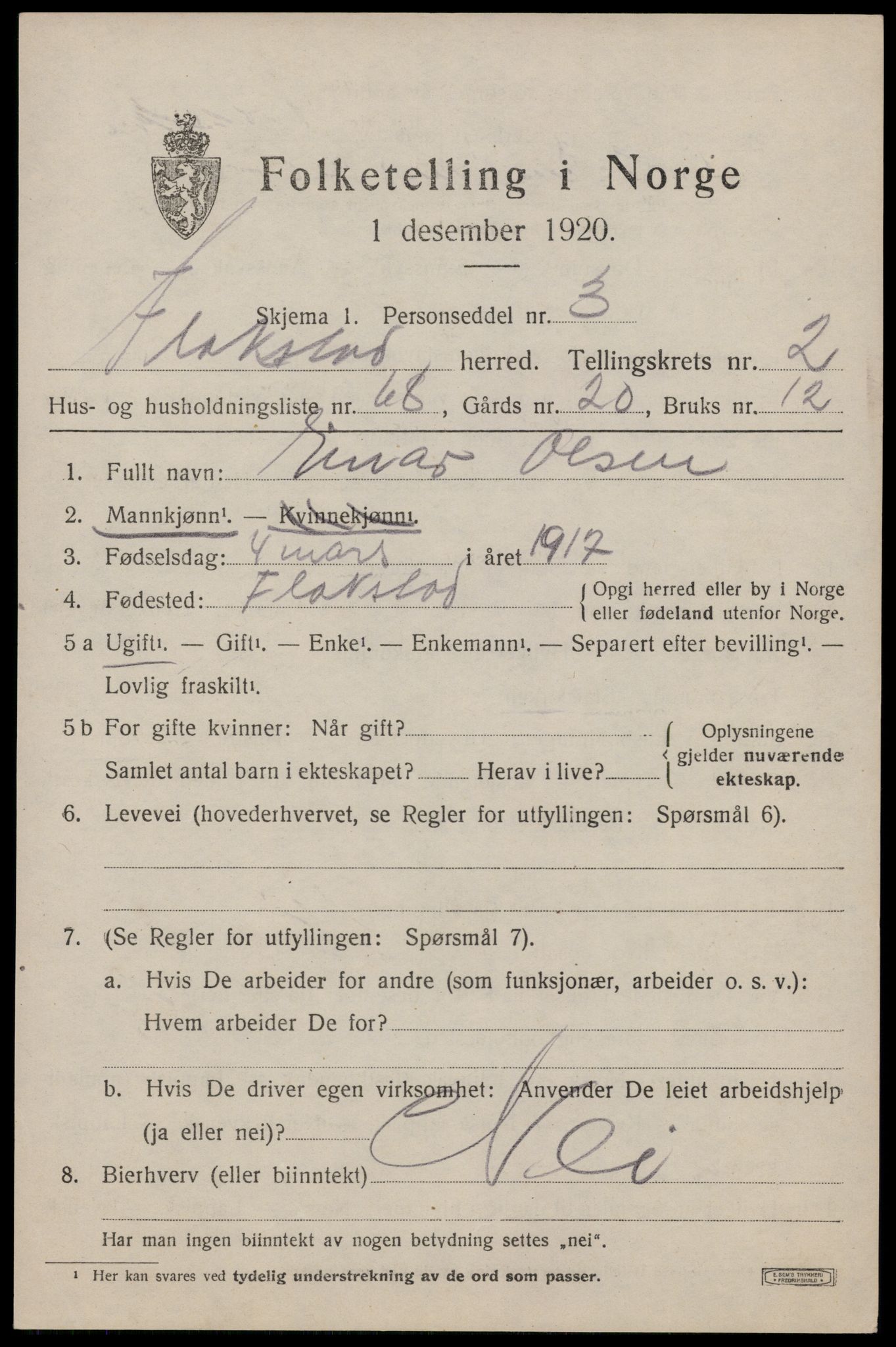 SAT, 1920 census for Flakstad, 1920, p. 2139