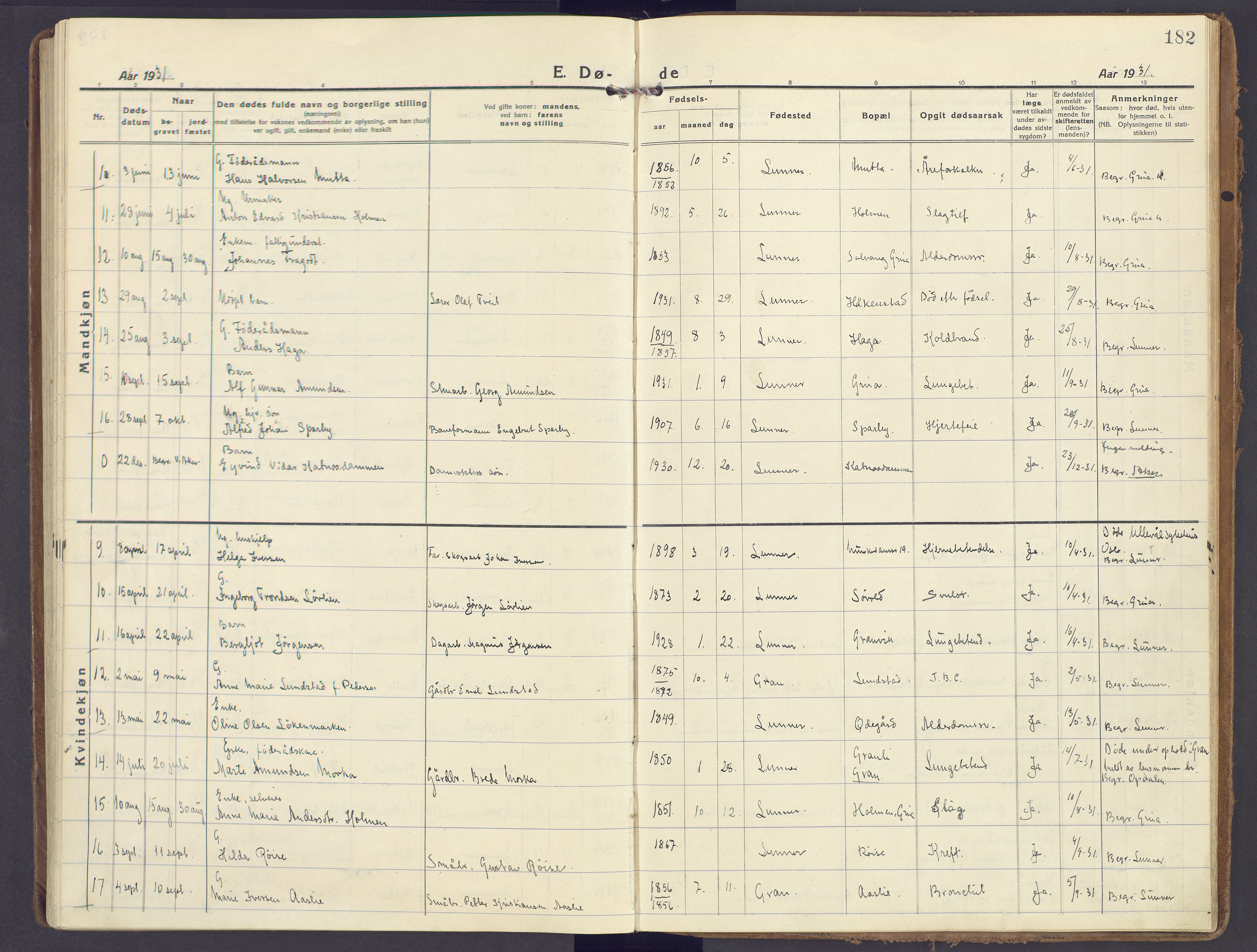 Lunner prestekontor, SAH/PREST-118/H/Ha/Haa/L0002: Parish register (official) no. 2, 1922-1931, p. 182