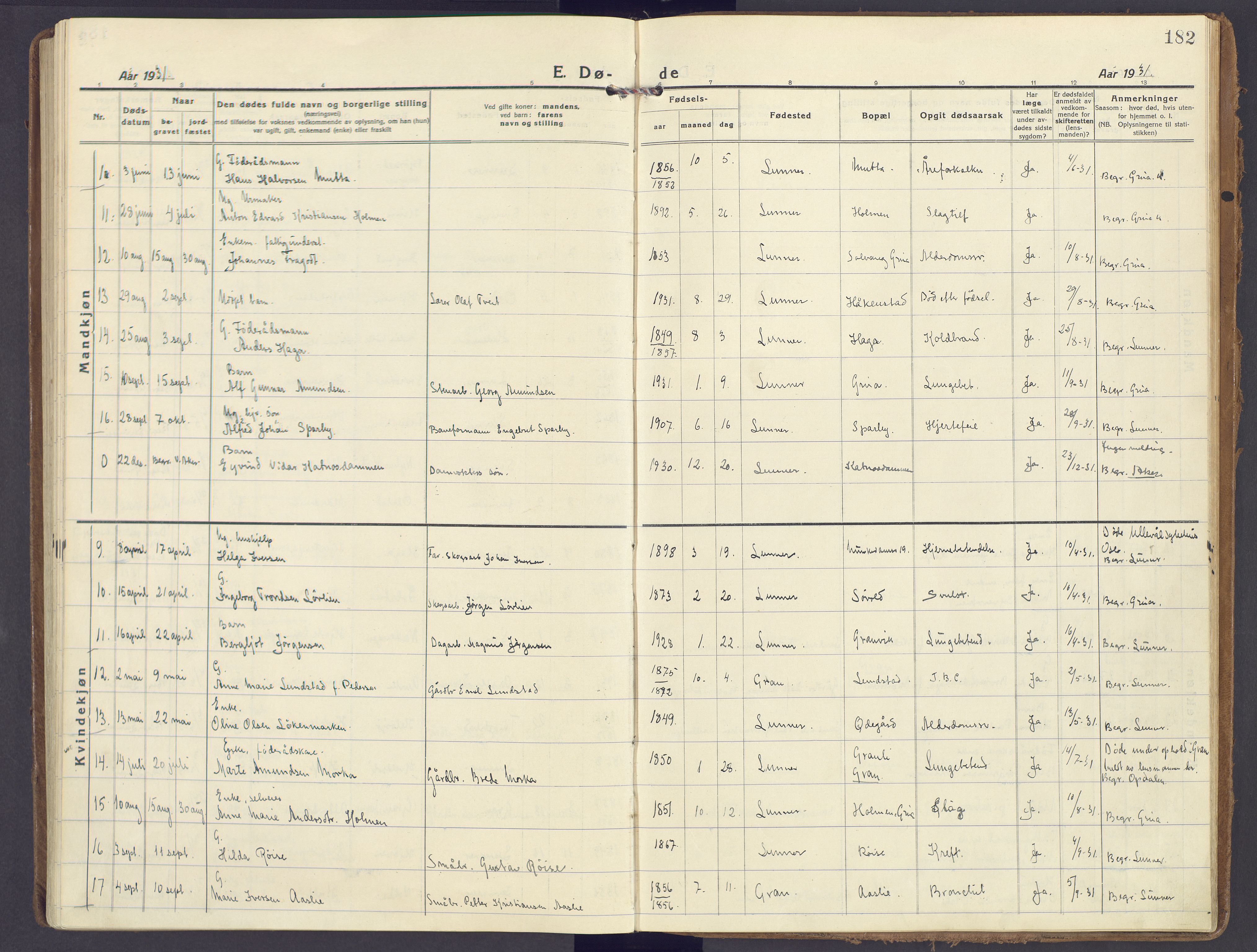 Lunner prestekontor, AV/SAH-PREST-118/H/Ha/Haa/L0002: Parish register (official) no. 2, 1922-1931, p. 182