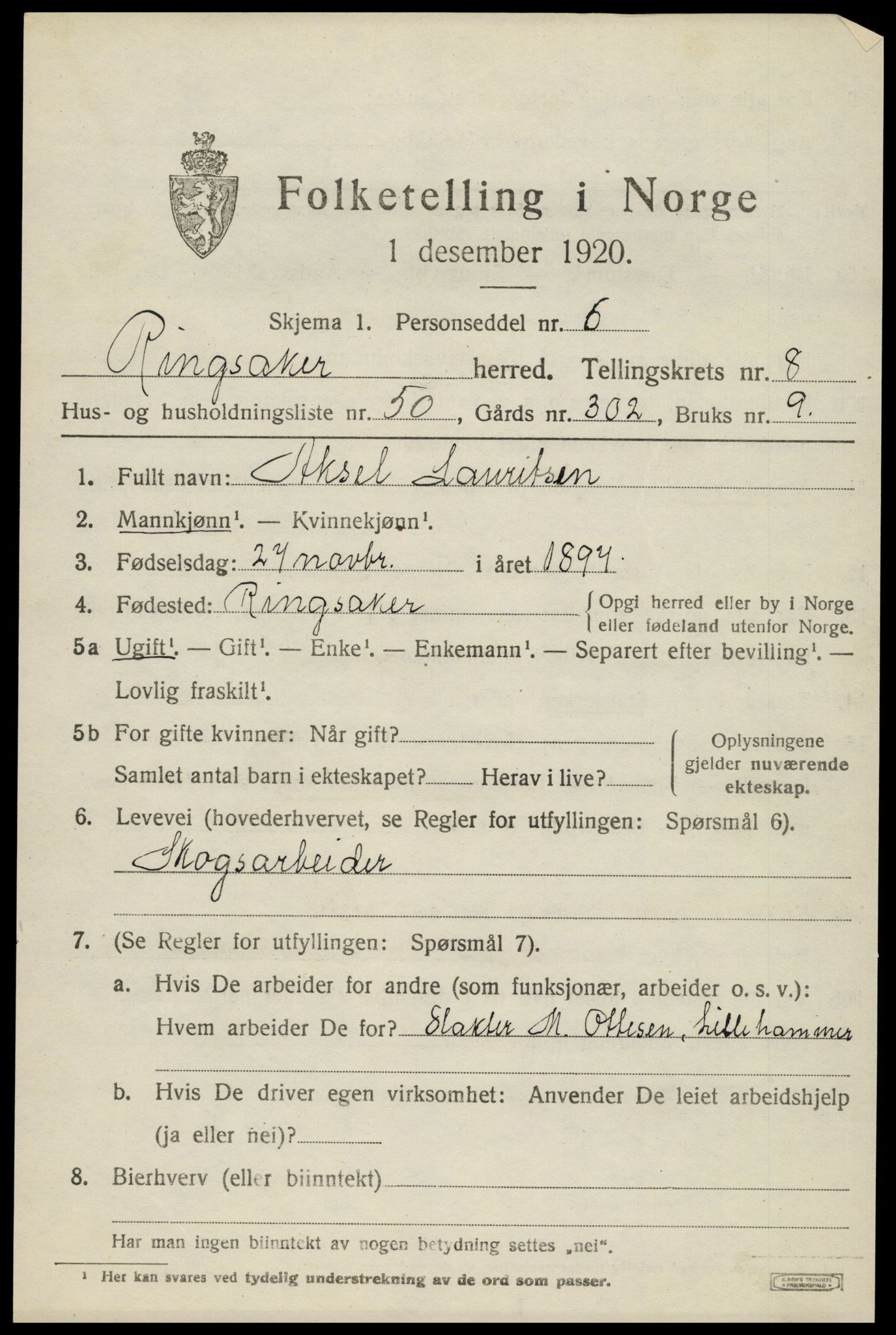 SAH, 1920 census for Ringsaker, 1920, p. 17508