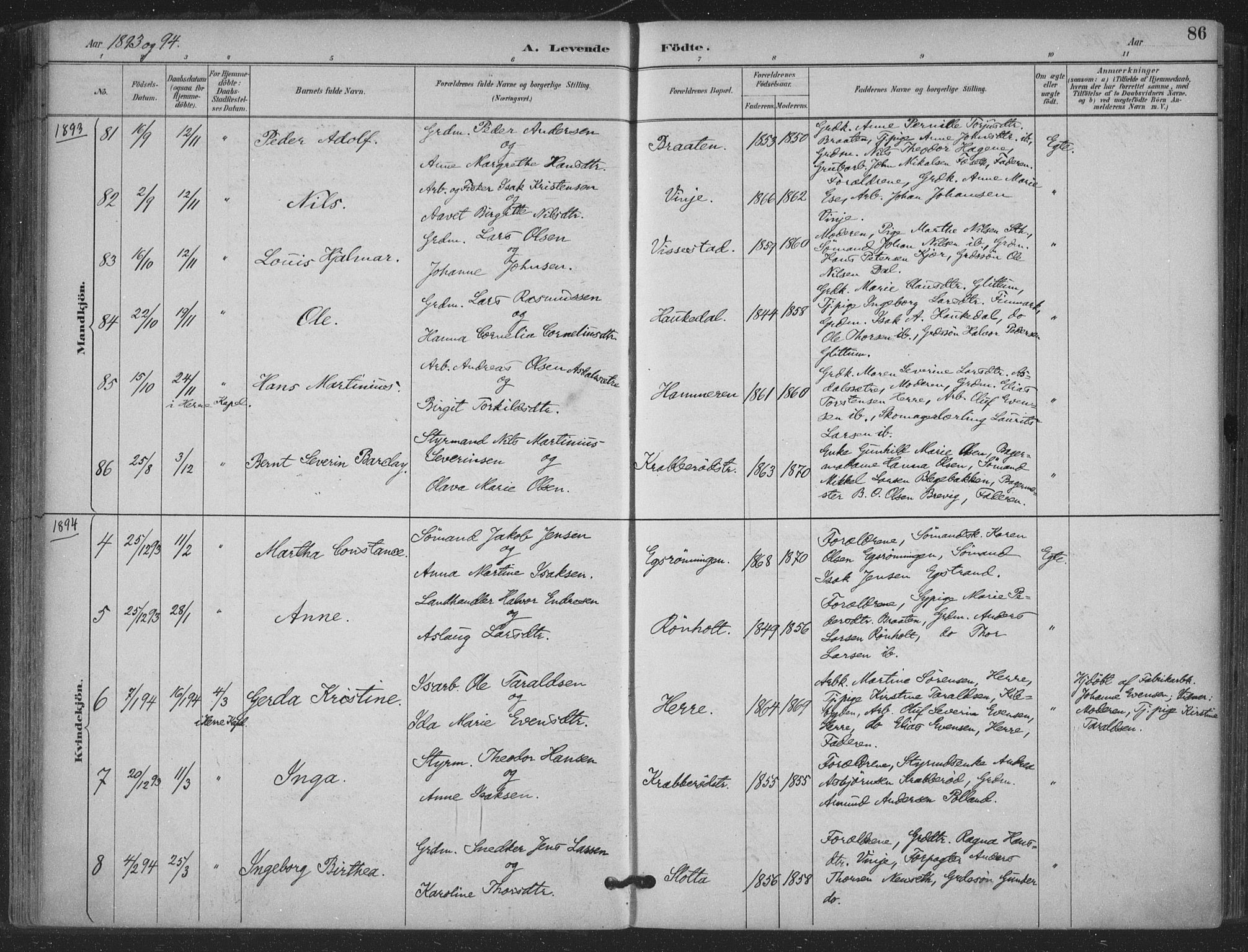 Bamble kirkebøker, SAKO/A-253/F/Fa/L0008: Parish register (official) no. I 8, 1888-1900, p. 86