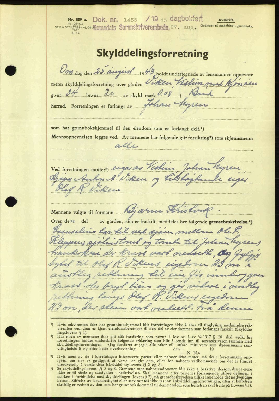 Romsdal sorenskriveri, AV/SAT-A-4149/1/2/2C: Mortgage book no. A14, 1943-1943, Diary no: : 1455/1943