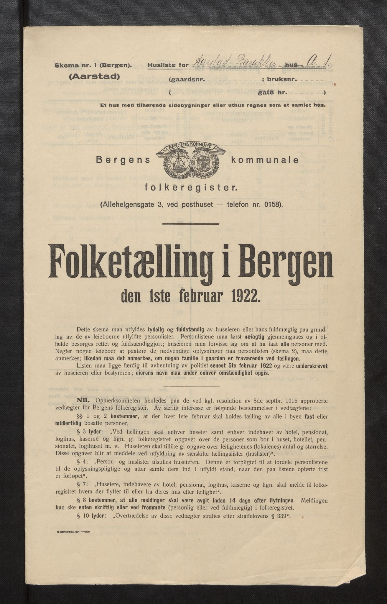 SAB, Municipal Census 1922 for Bergen, 1922, p. 50497