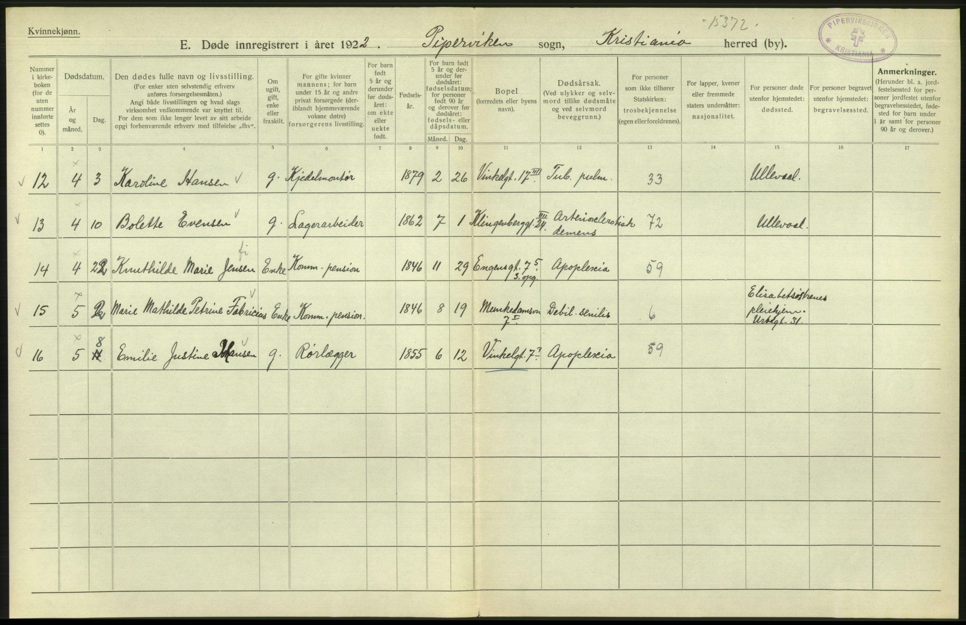 Statistisk sentralbyrå, Sosiodemografiske emner, Befolkning, RA/S-2228/D/Df/Dfc/Dfcb/L0010: Kristiania: Døde, dødfødte, 1922, p. 542