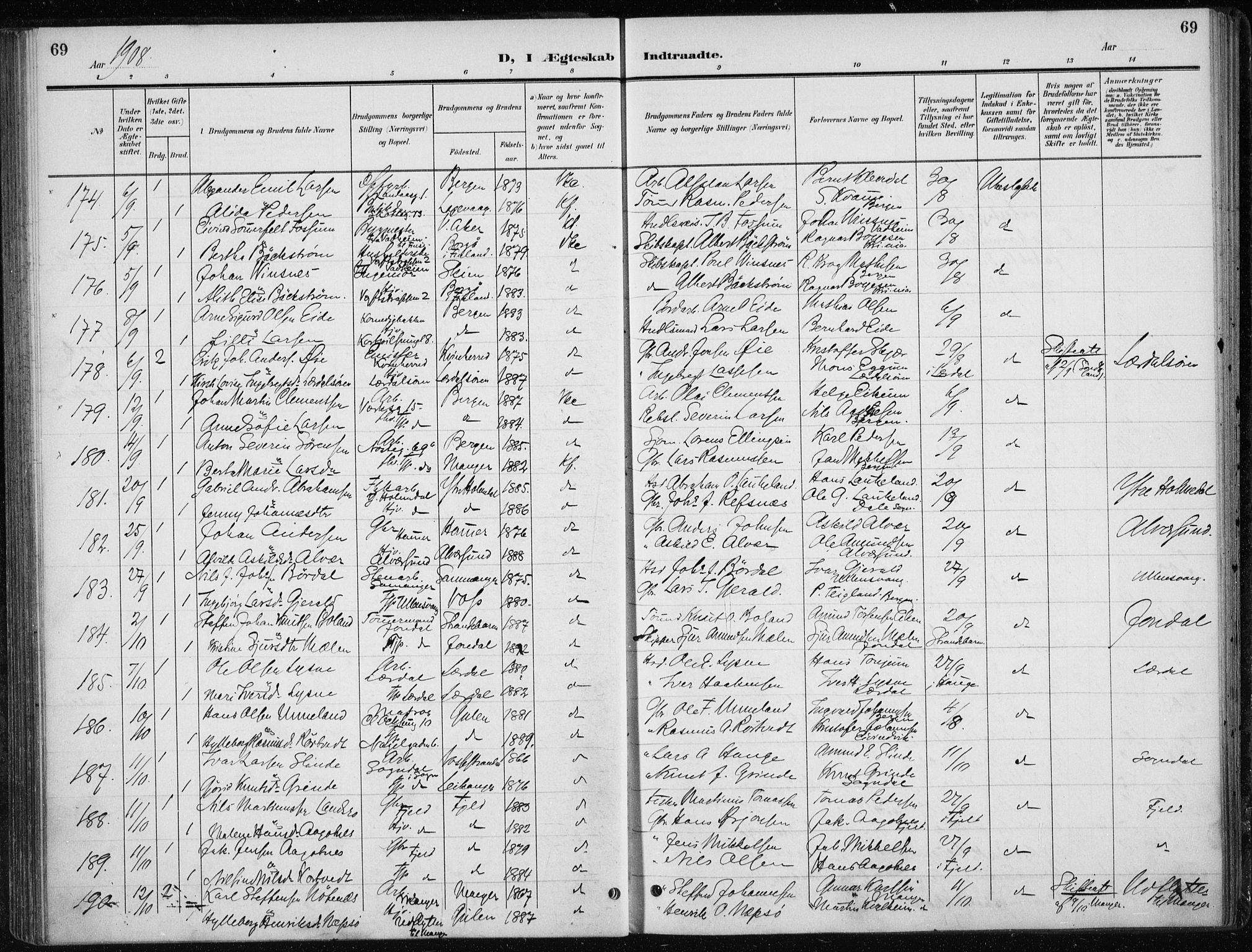 Nykirken Sokneprestembete, AV/SAB-A-77101/H/Haa/L0035: Parish register (official) no. D 5, 1905-1913, p. 69