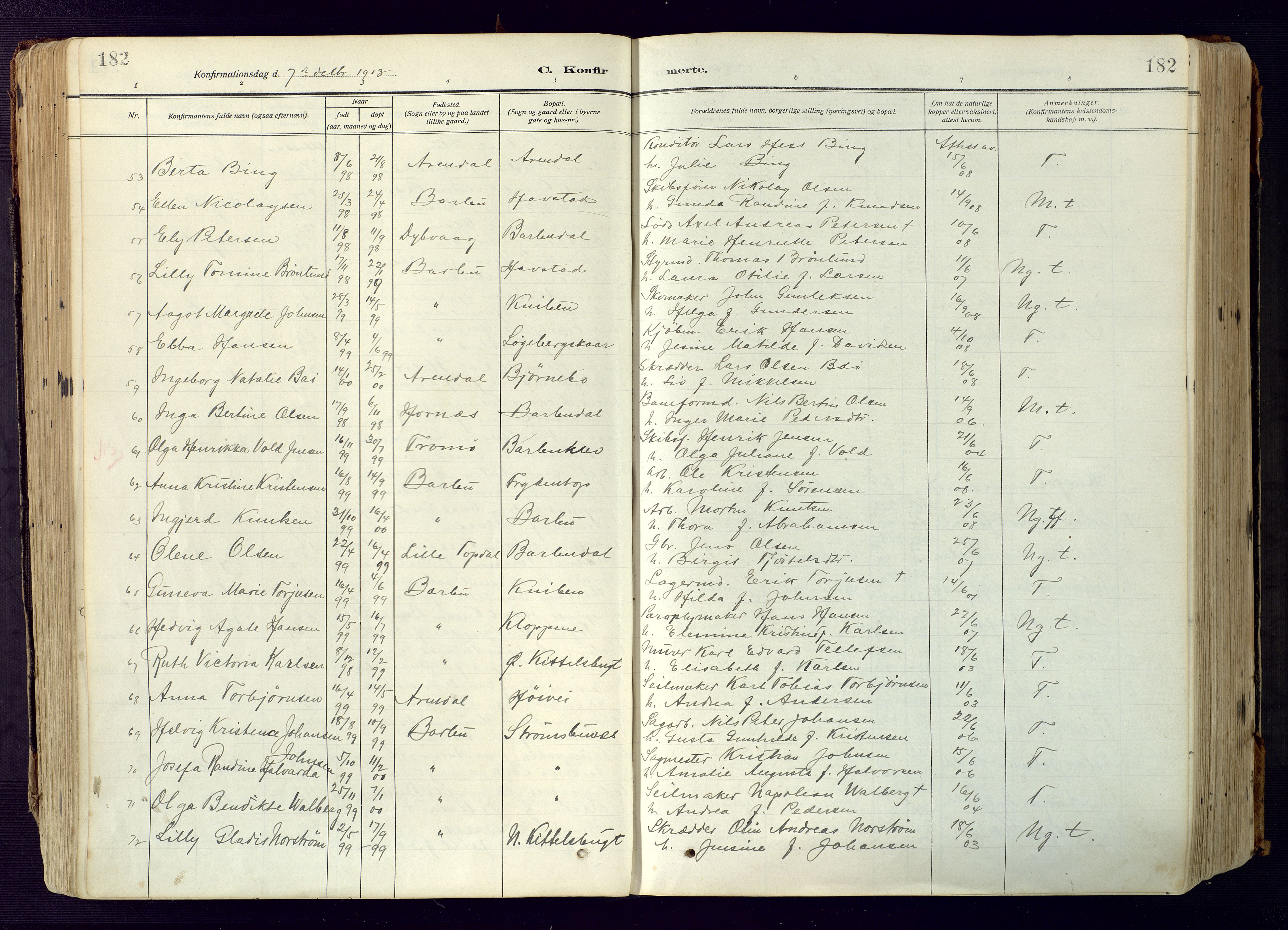 Barbu sokneprestkontor, SAK/1111-0003/F/Fa/L0006: Parish register (official) no. A 6, 1910-1929, p. 182