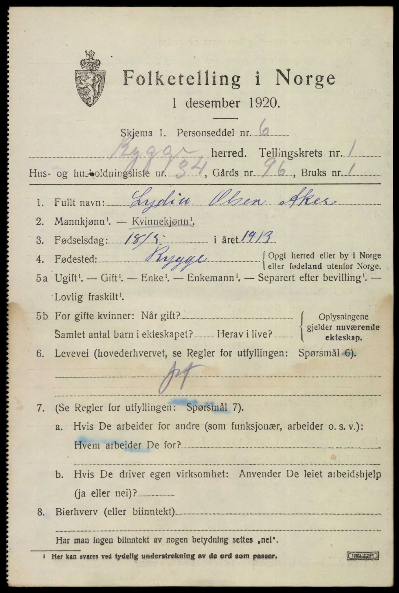 SAO, 1920 census for Rygge, 1920, p. 2297