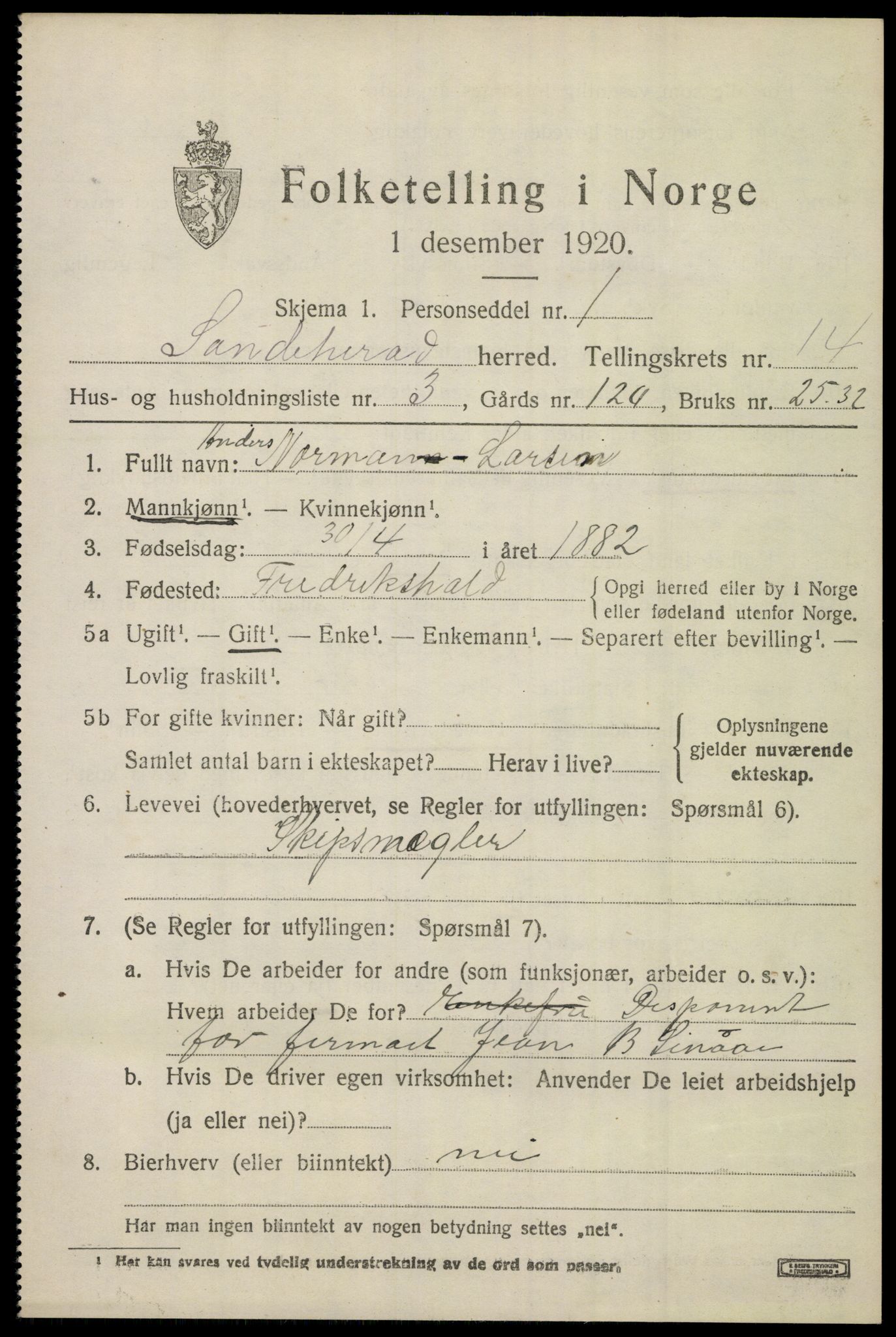 SAKO, 1920 census for Sandeherred, 1920, p. 20210