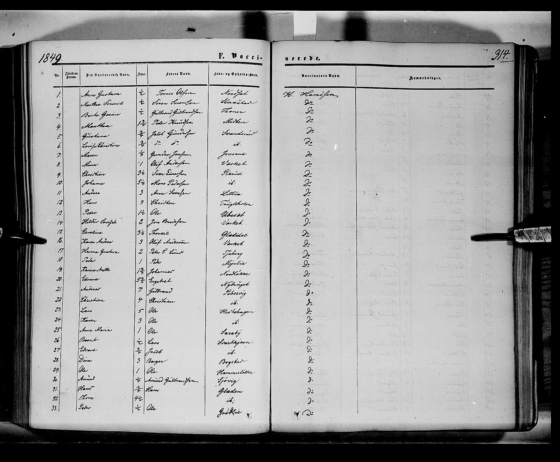 Sør-Odal prestekontor, SAH/PREST-030/H/Ha/Haa/L0001: Parish register (official) no. 1, 1849-1859, p. 314