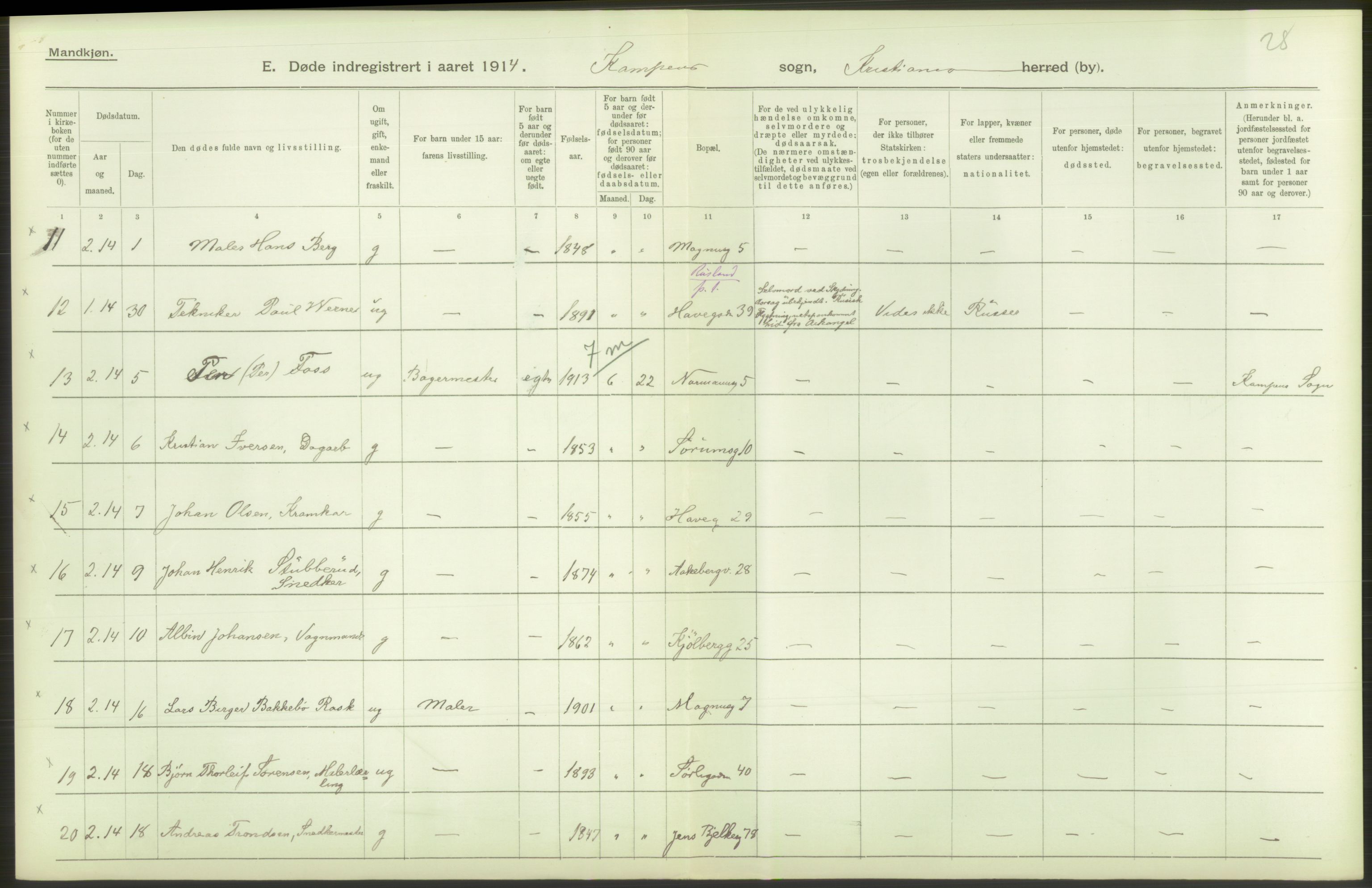 Statistisk sentralbyrå, Sosiodemografiske emner, Befolkning, AV/RA-S-2228/D/Df/Dfb/Dfbd/L0008: Kristiania: Døde, 1914, p. 432