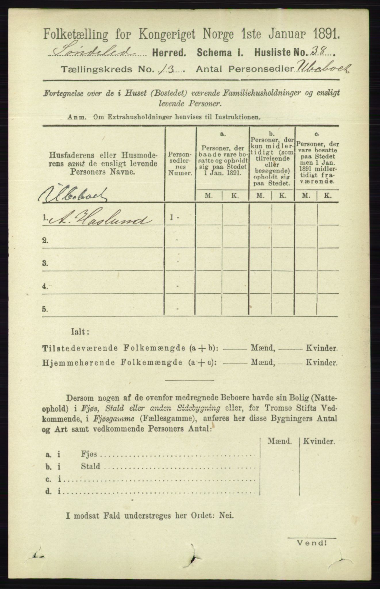 RA, 1891 census for 0913 Søndeled, 1891, p. 3903