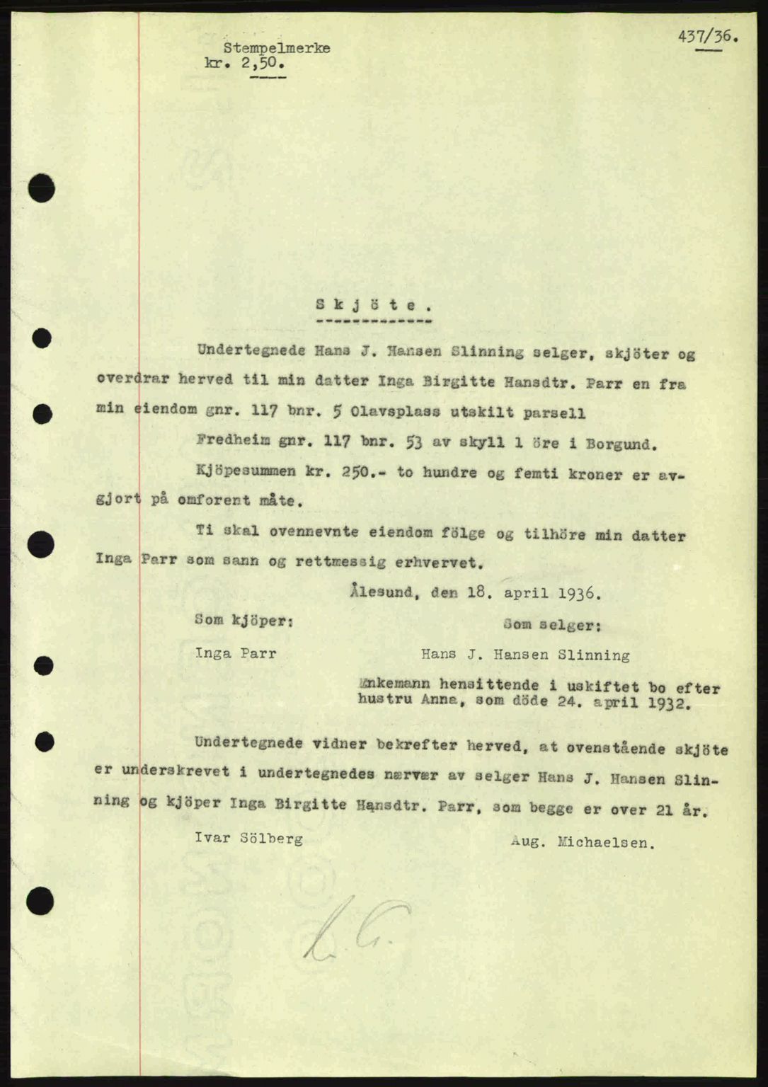 Nordre Sunnmøre sorenskriveri, AV/SAT-A-0006/1/2/2C/2Ca: Mortgage book no. A1, 1936-1936, Diary no: : 437/1936