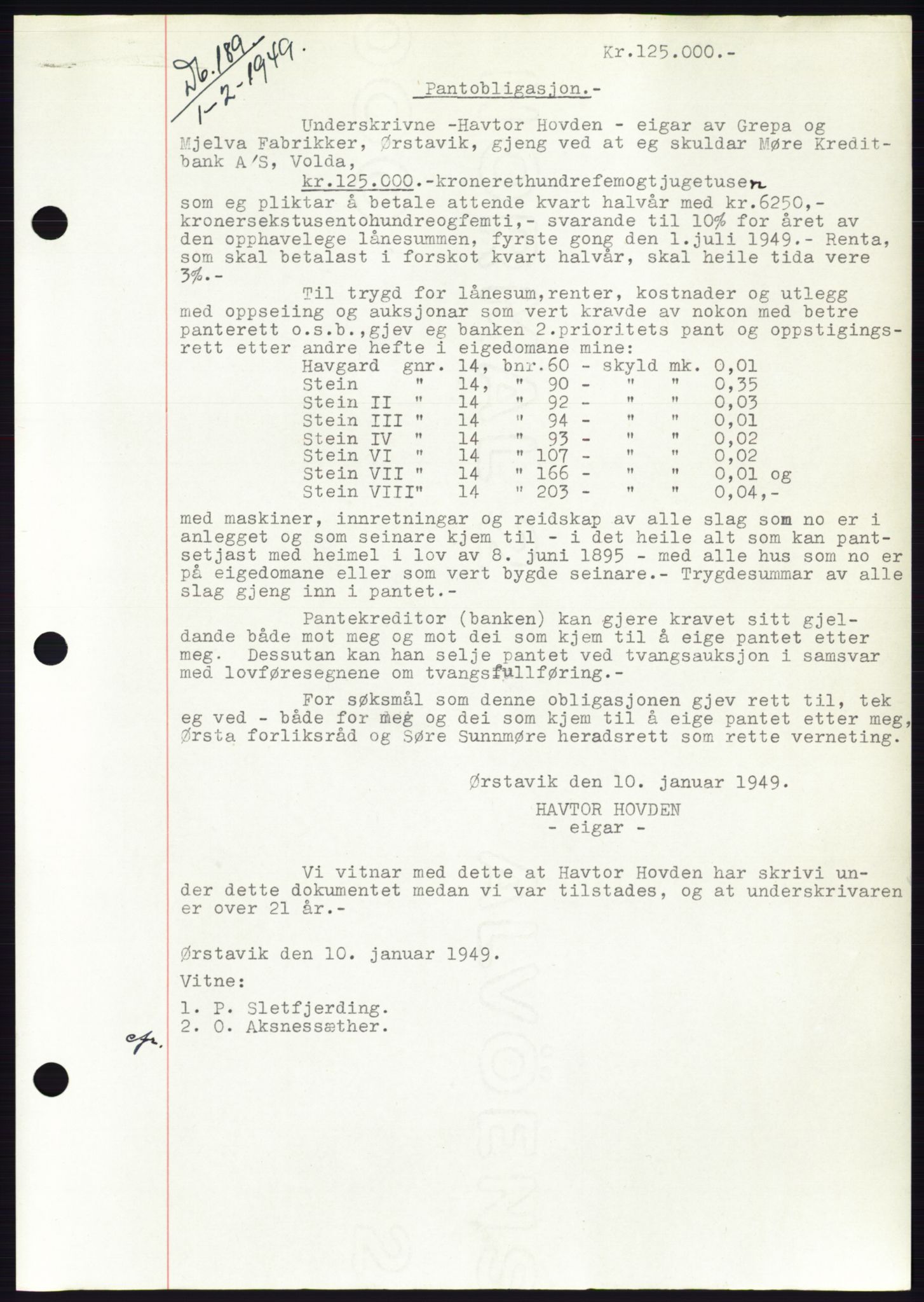 Søre Sunnmøre sorenskriveri, AV/SAT-A-4122/1/2/2C/L0116: Mortgage book no. 4B, 1948-1949, Diary no: : 189/1949