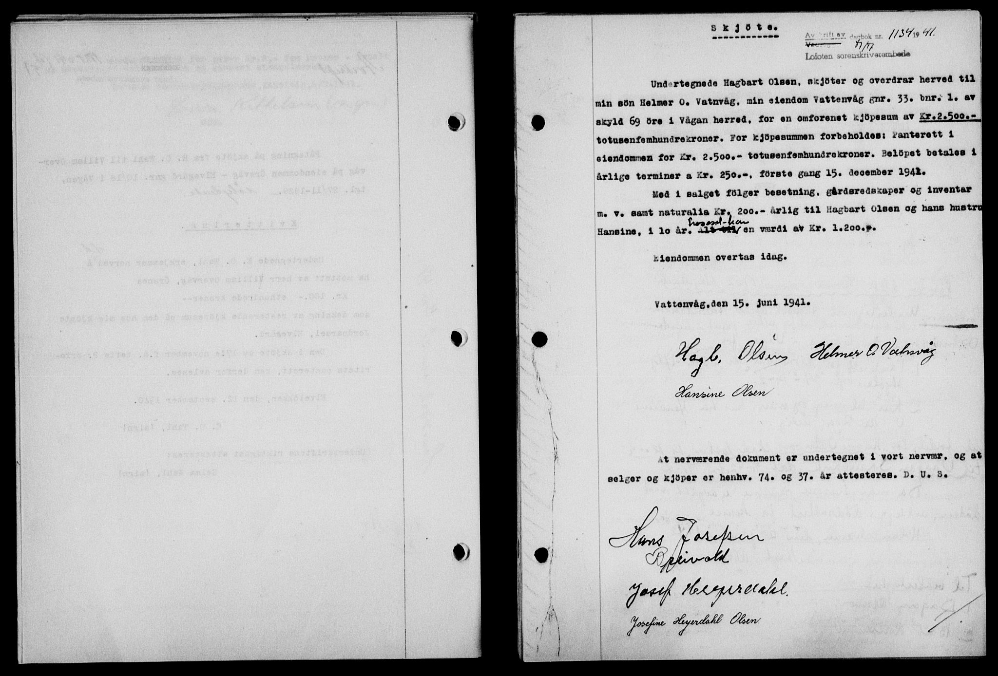 Lofoten sorenskriveri, SAT/A-0017/1/2/2C/L0008a: Mortgage book no. 8a, 1940-1941, Diary no: : 1134/1941
