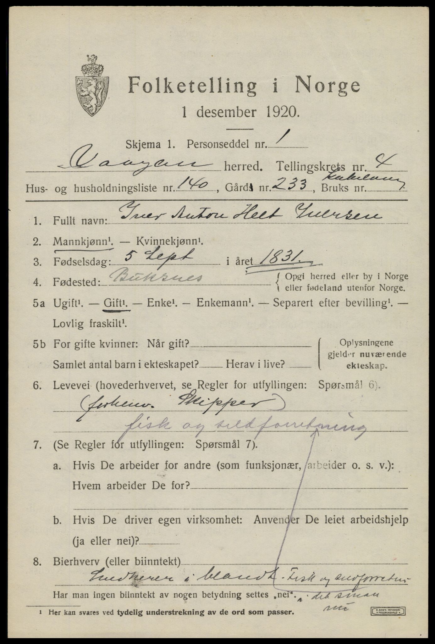 SAT, 1920 census for Vågan, 1920, p. 5023