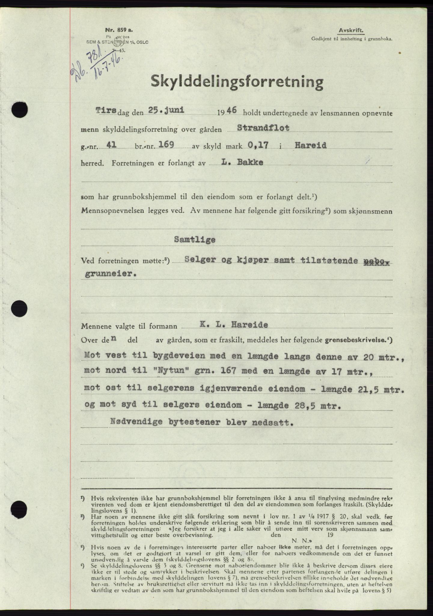 Søre Sunnmøre sorenskriveri, AV/SAT-A-4122/1/2/2C/L0078: Mortgage book no. 4A, 1946-1946, Diary no: : 781/1946