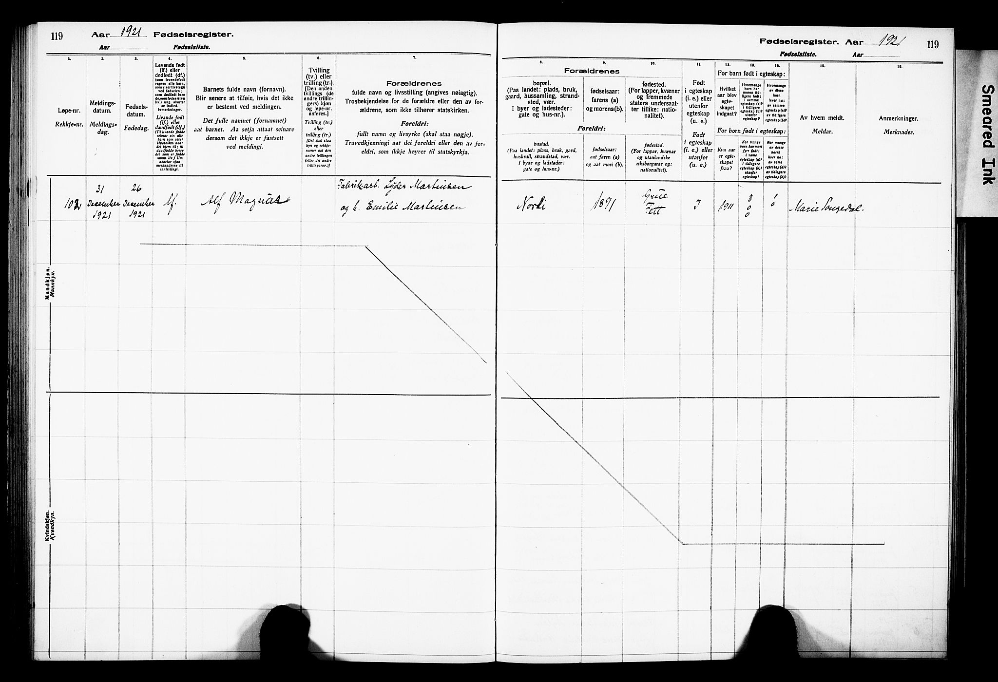 Grue prestekontor, AV/SAH-PREST-036/I/Id/Ida/L0001: Birth register no. I 1, 1916-1926, p. 119