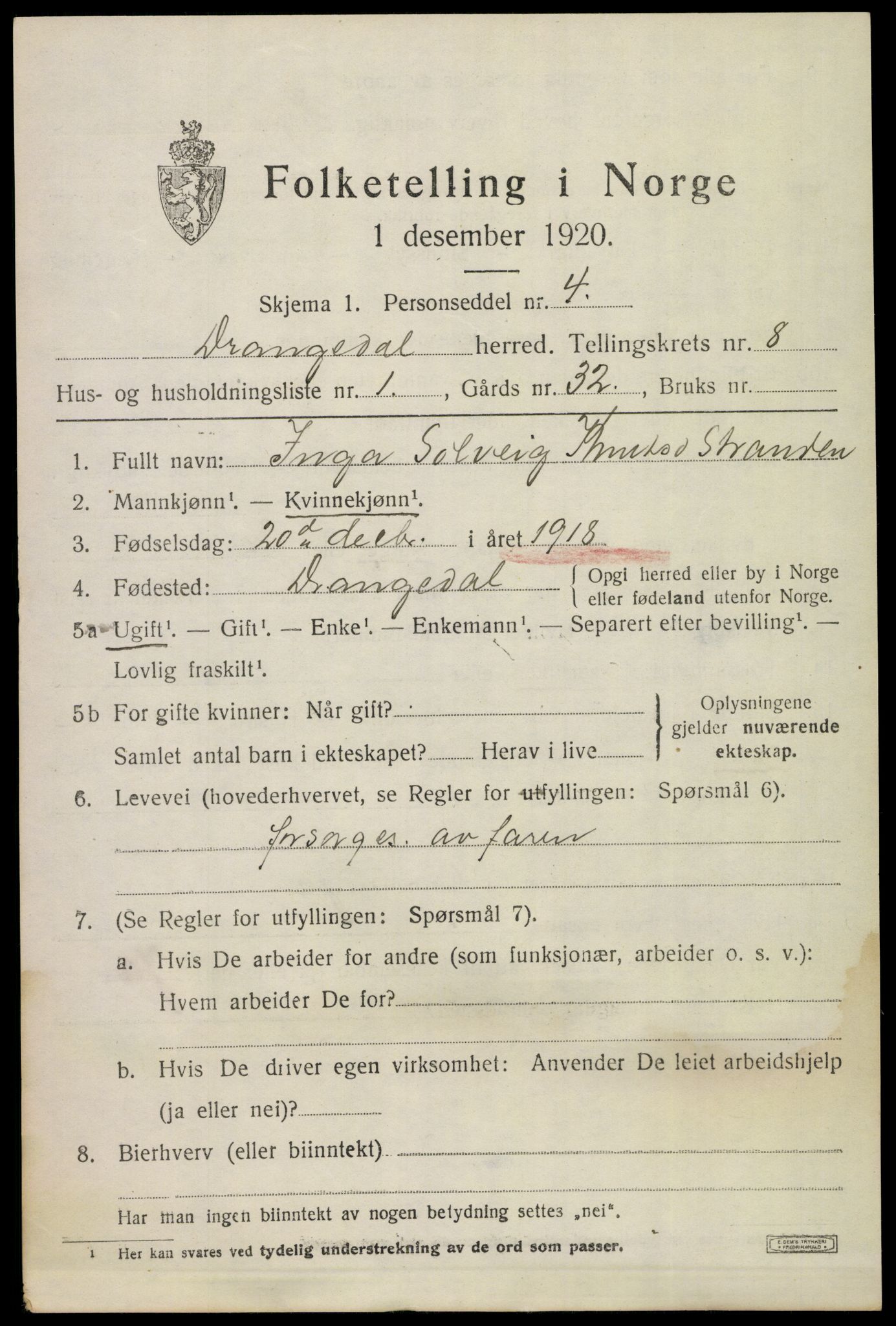 SAKO, 1920 census for Drangedal, 1920, p. 4935