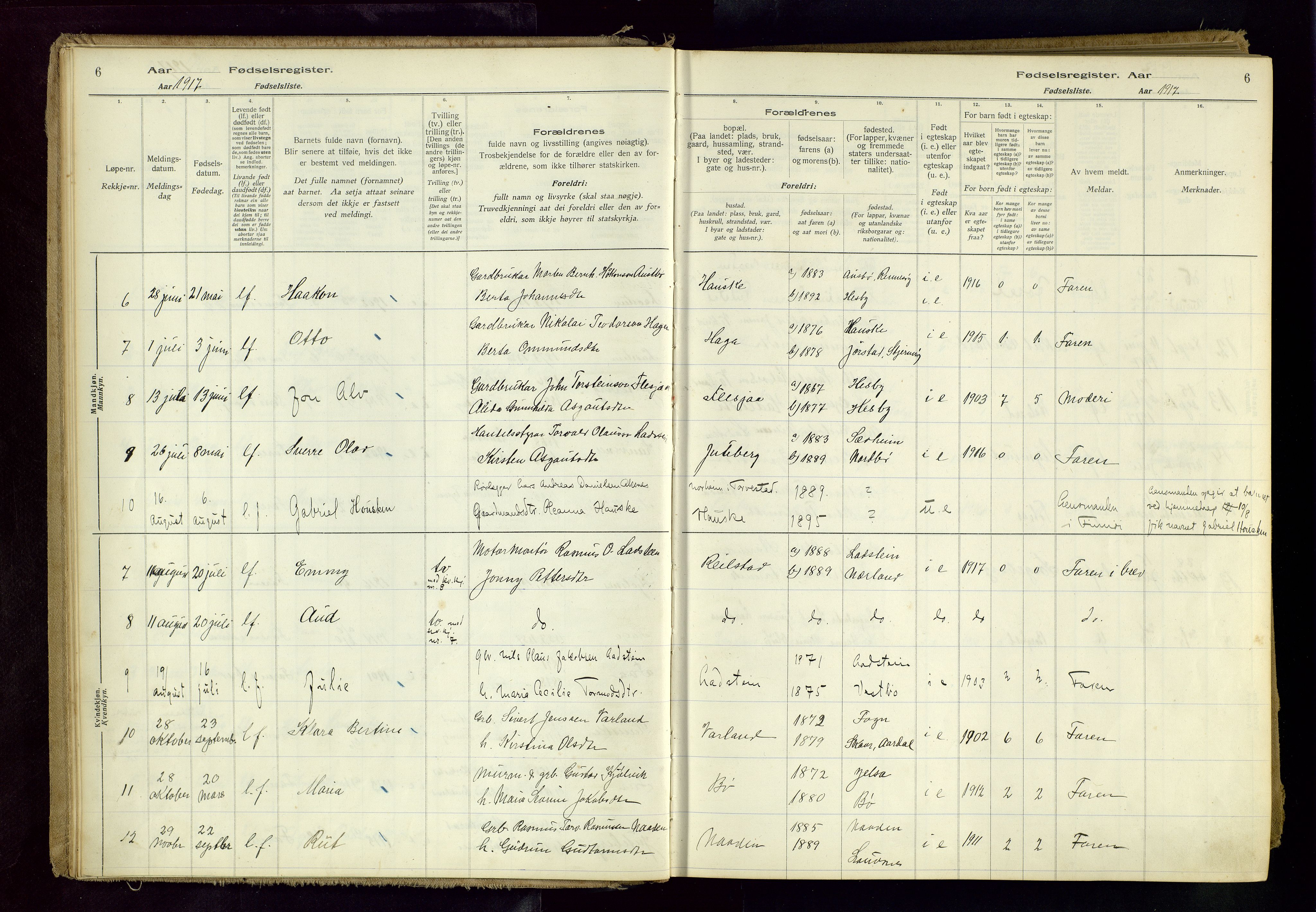 Finnøy sokneprestkontor, AV/SAST-A-101825/I/Id/L0001: Birth register no. 1, 1916-1977, p. 6