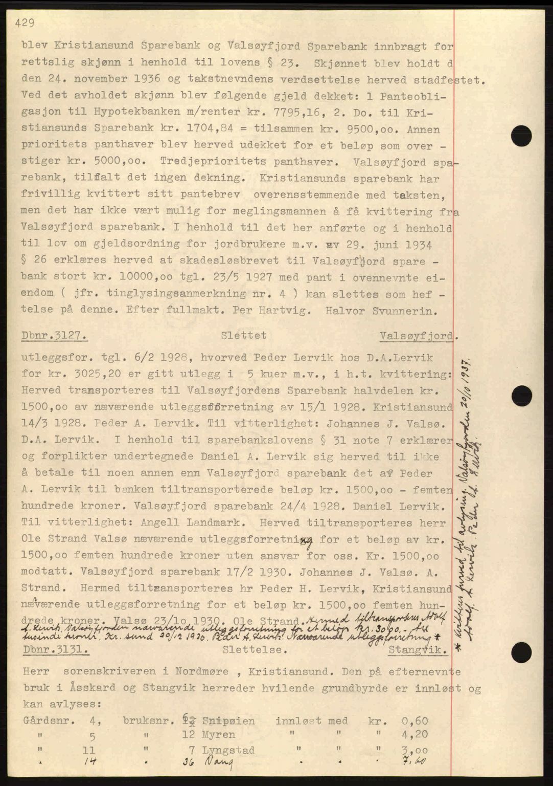 Nordmøre sorenskriveri, AV/SAT-A-4132/1/2/2Ca: Mortgage book no. C80, 1936-1939, Diary no: : 3127/1937