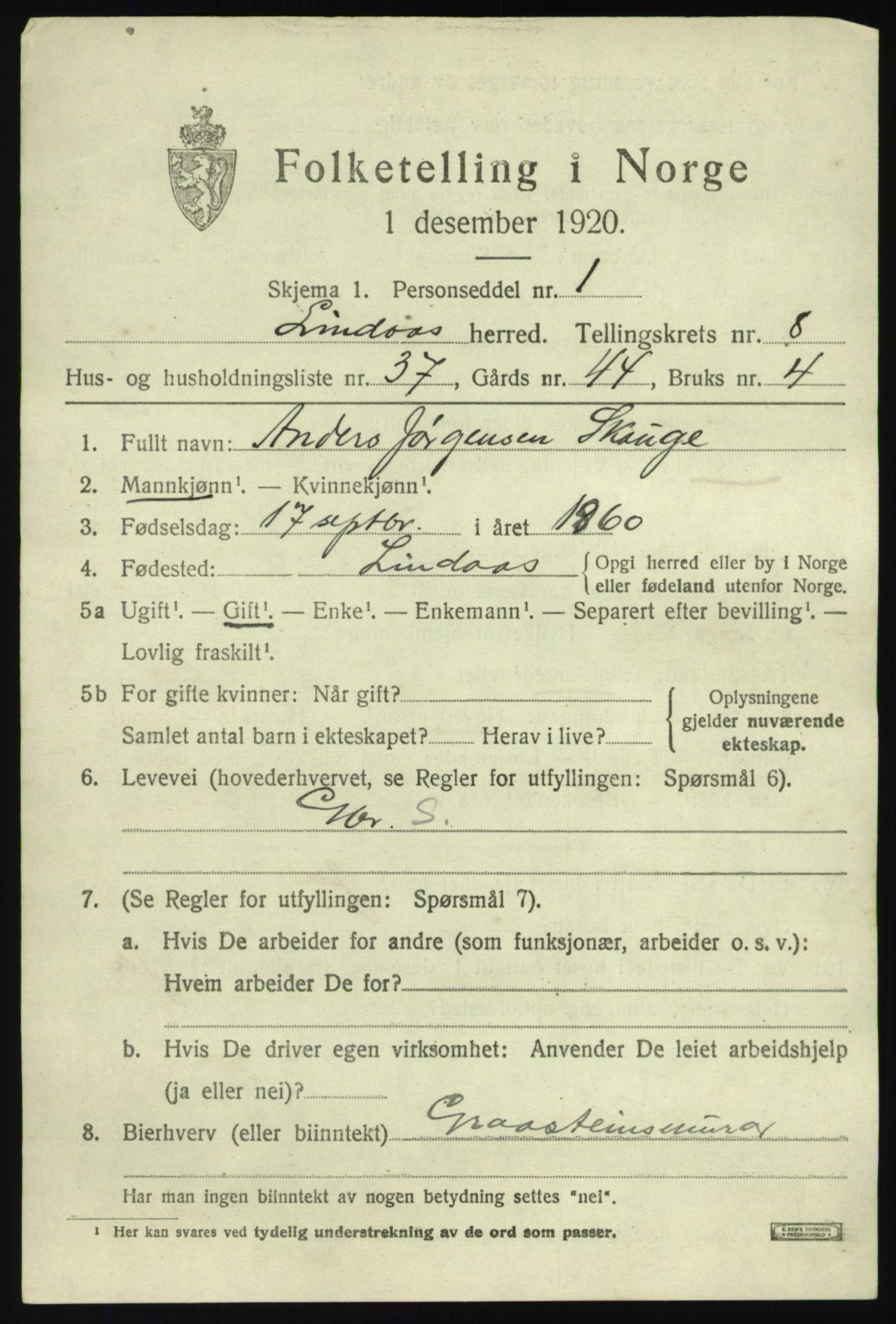 SAB, 1920 census for Lindås, 1920, p. 4749