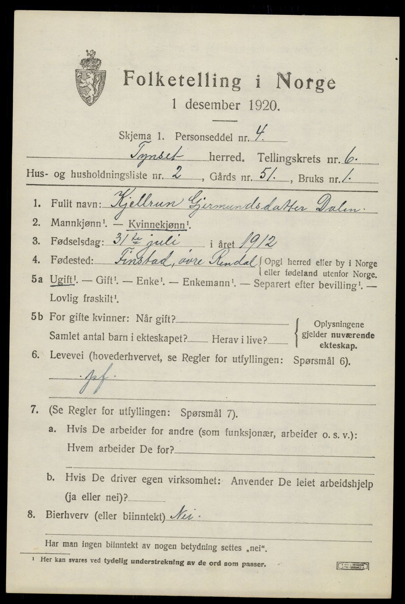 SAH, 1920 census for Tynset, 1920, p. 5530