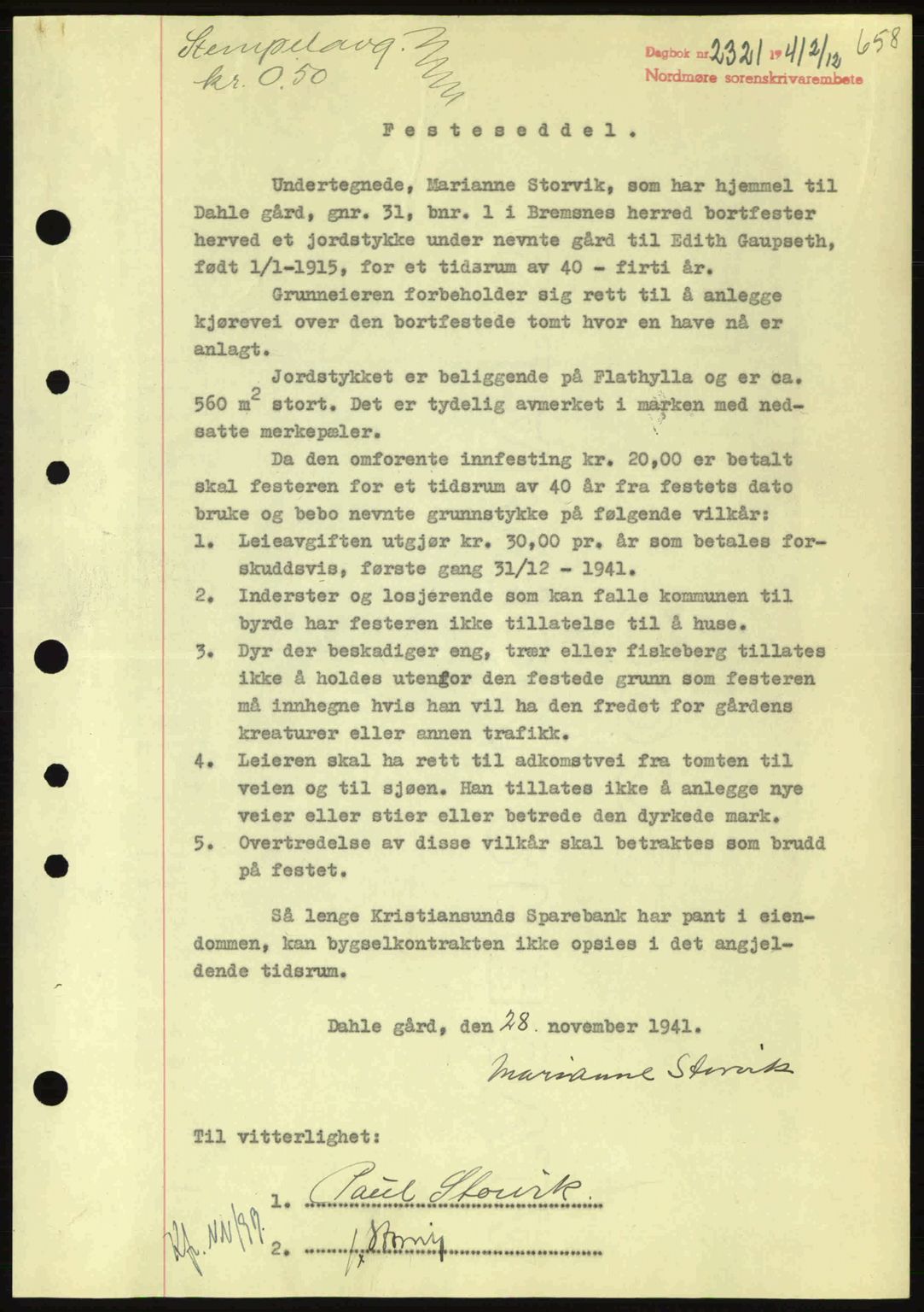 Nordmøre sorenskriveri, AV/SAT-A-4132/1/2/2Ca: Mortgage book no. B88, 1941-1942, Diary no: : 2321/1941