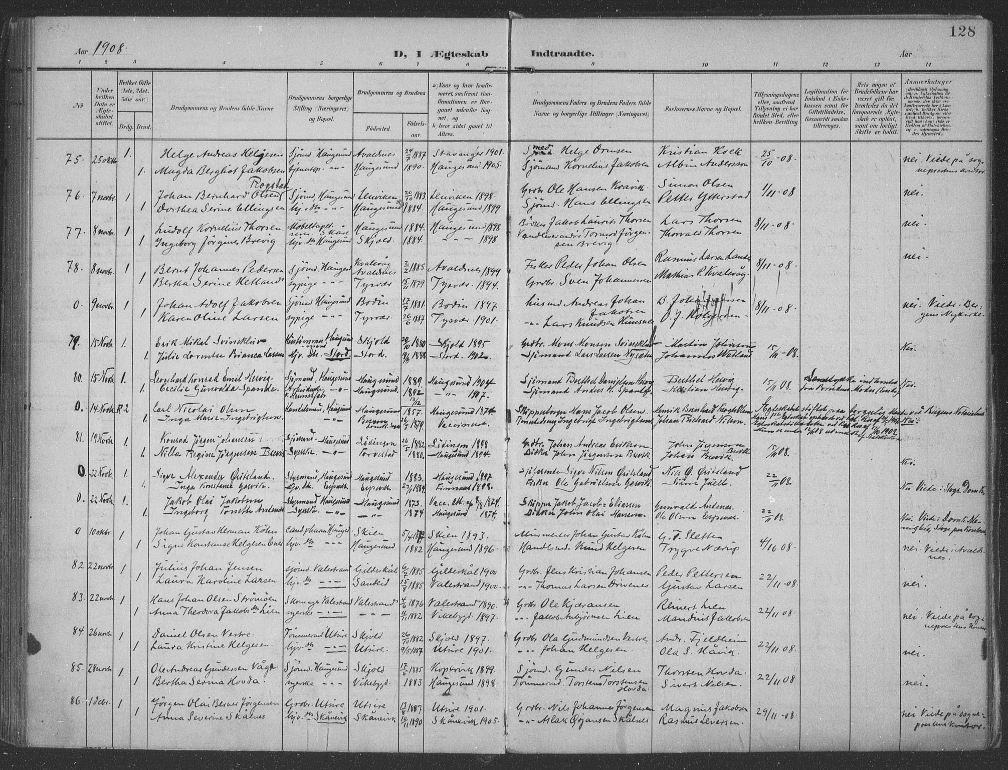 Haugesund sokneprestkontor, AV/SAST-A -101863/H/Ha/Haa/L0007: Parish register (official) no. A 7, 1904-1916, p. 128