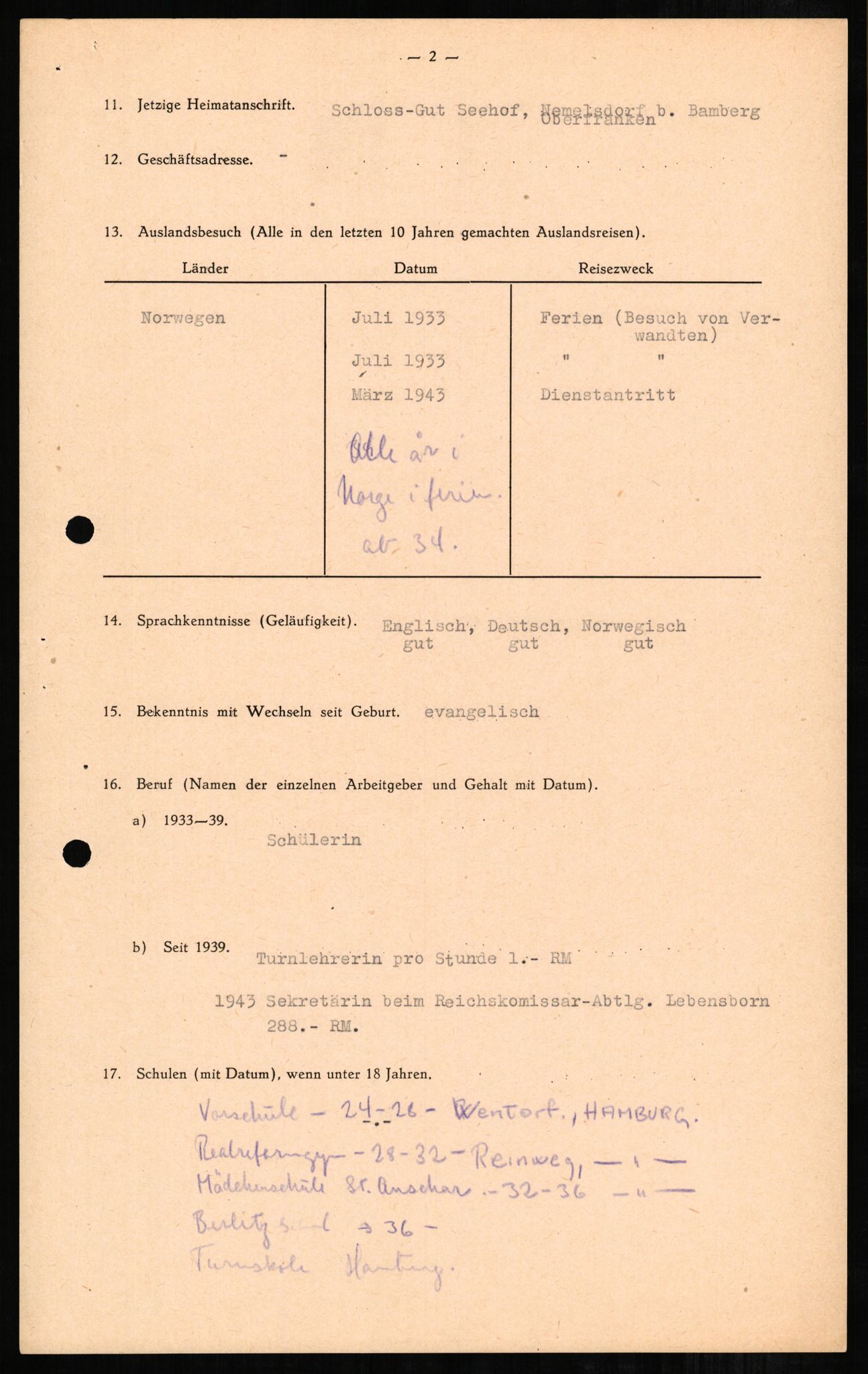 Forsvaret, Forsvarets overkommando II, RA/RAFA-3915/D/Db/L0001: CI Questionaires. Tyske okkupasjonsstyrker i Norge. Tyskere., 1945-1946, p. 283