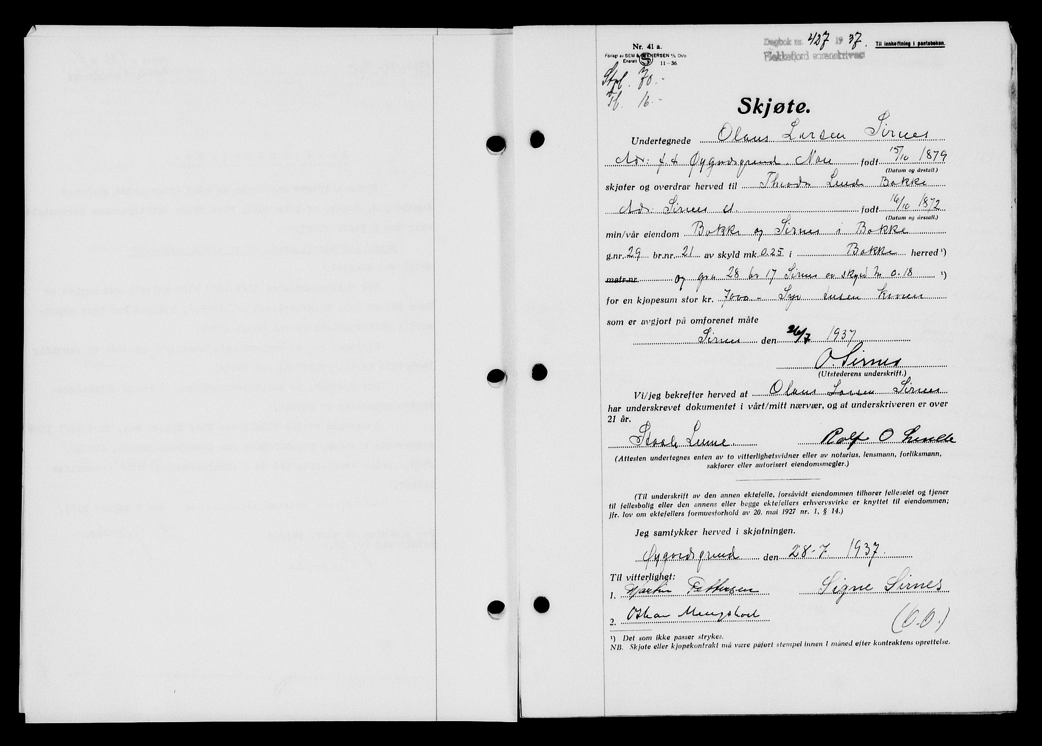 Flekkefjord sorenskriveri, SAK/1221-0001/G/Gb/Gba/L0053: Mortgage book no. A-1, 1936-1937, Diary no: : 427/1937