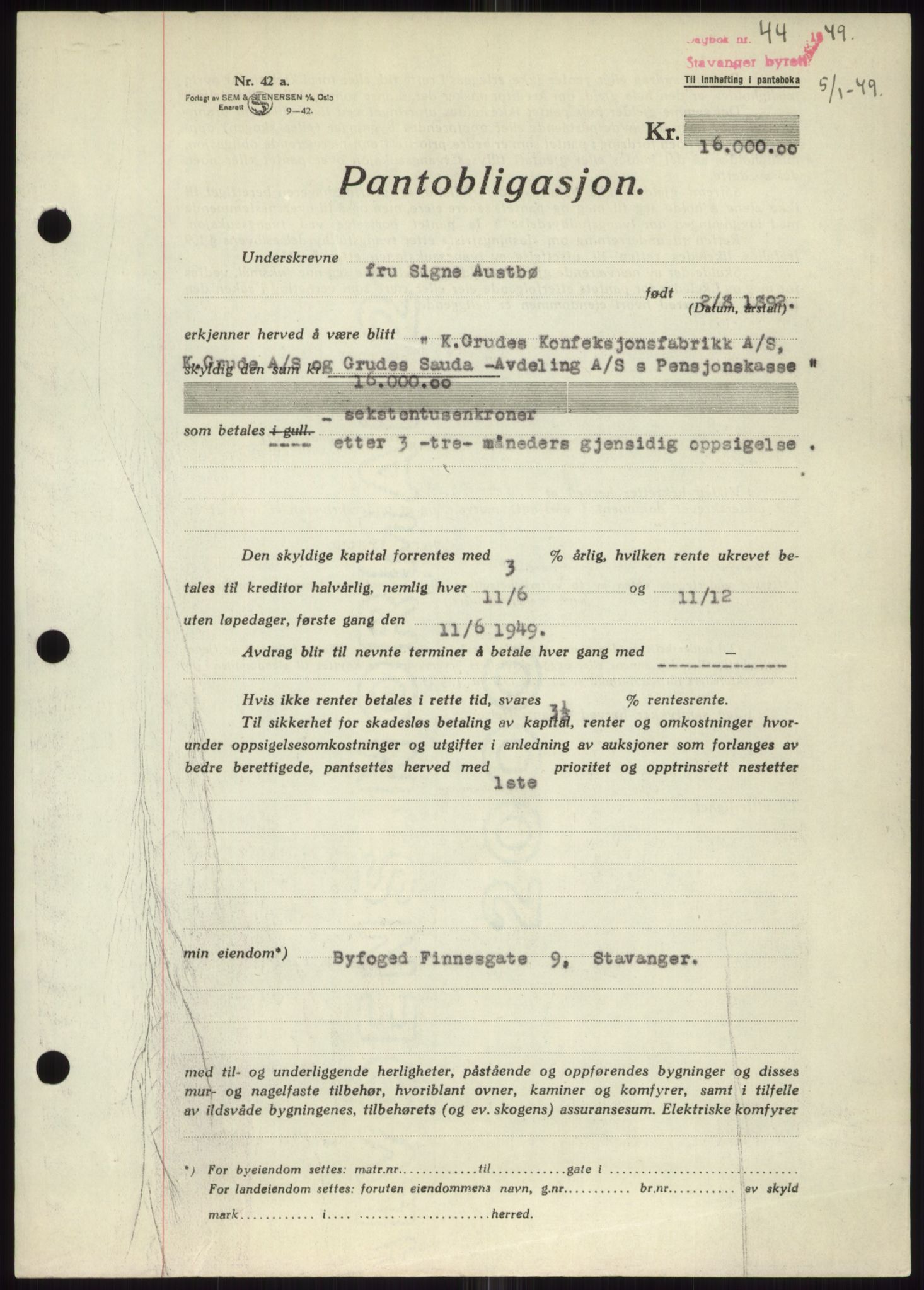 Stavanger byrett, SAST/A-100455/002/G/Gb/L0032: Mortgage book, 1947-1950, Diary no: : 44/1949