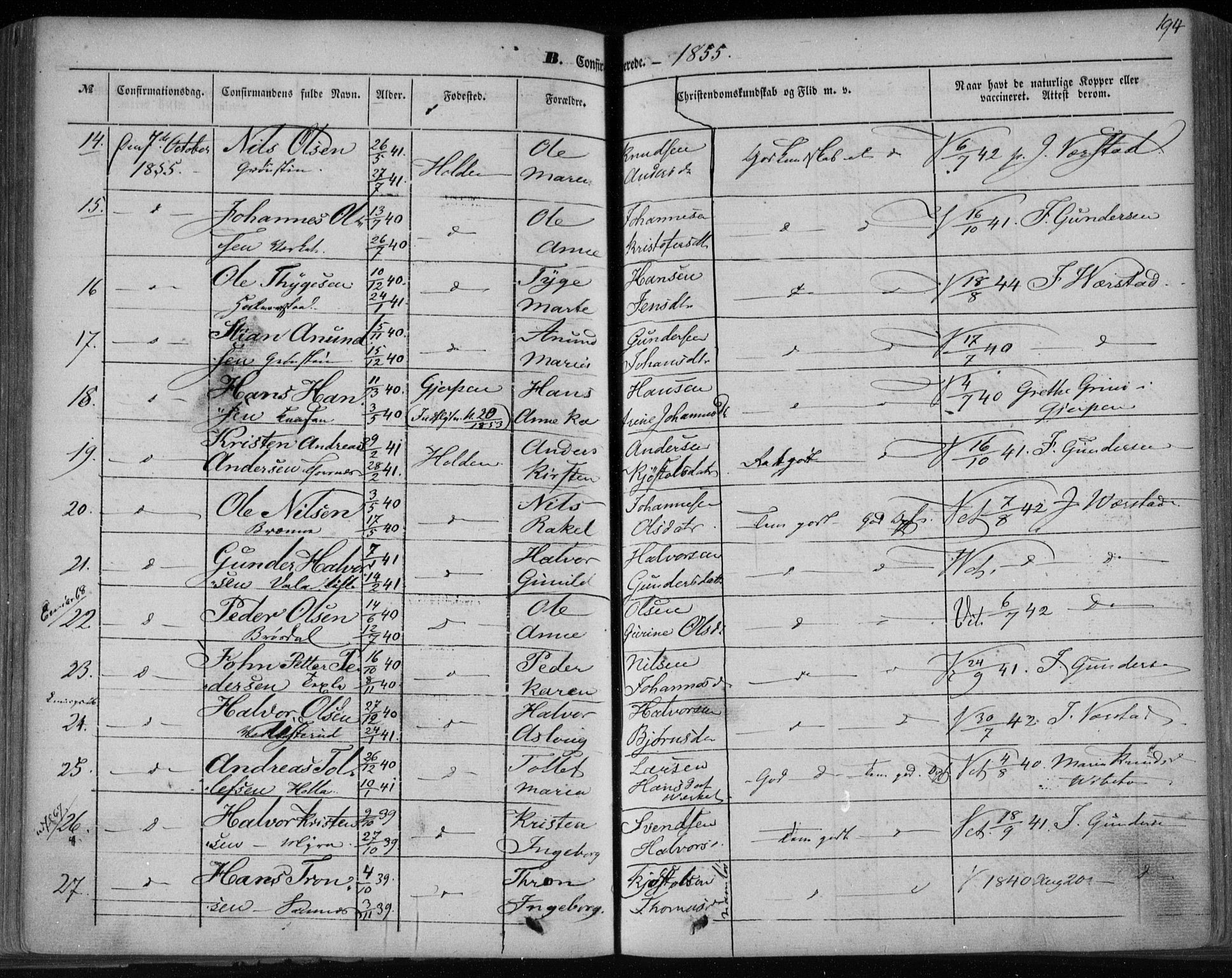 Holla kirkebøker, SAKO/A-272/F/Fa/L0005: Parish register (official) no. 5, 1849-1860, p. 194