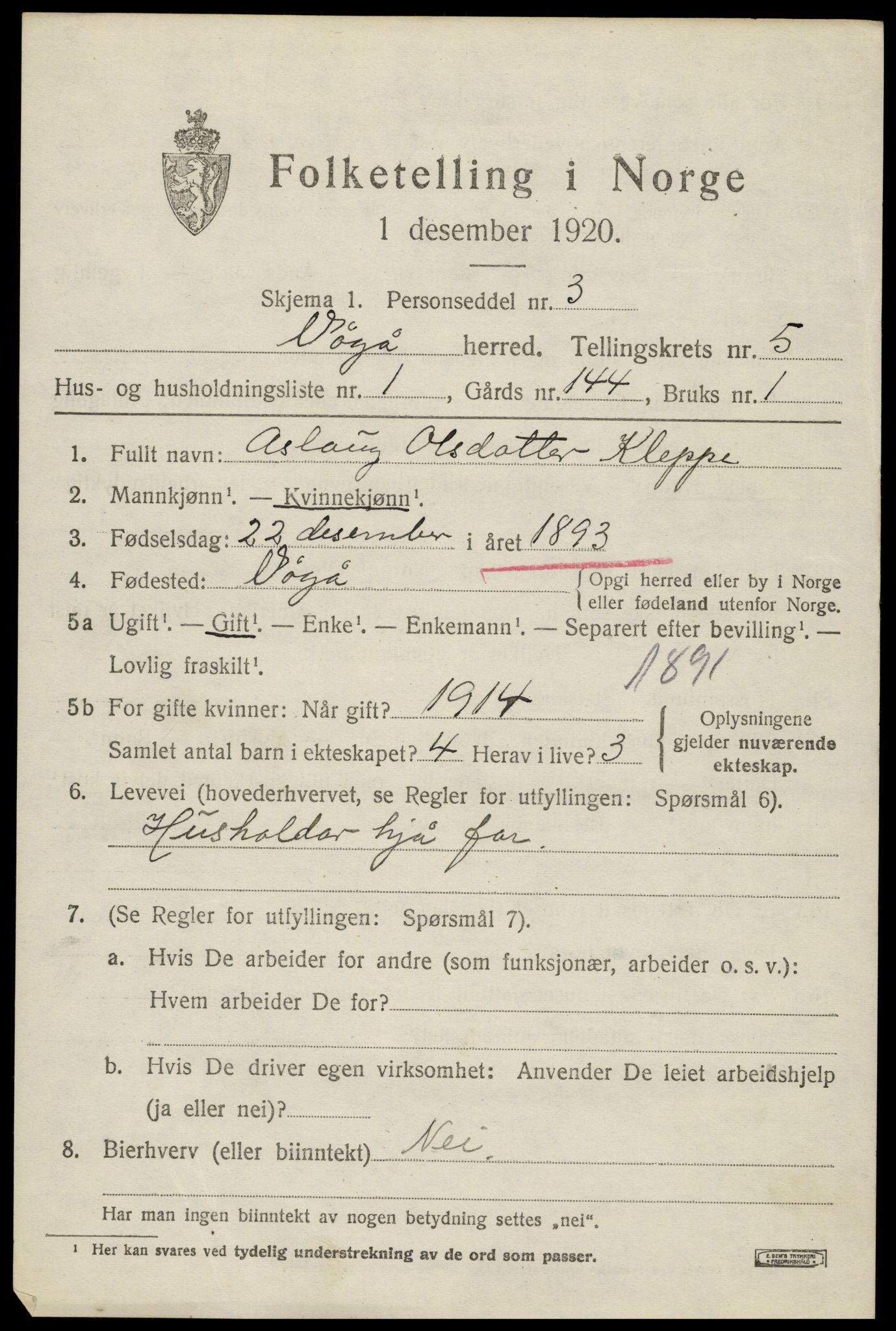 SAH, 1920 census for Vågå, 1920, p. 3936