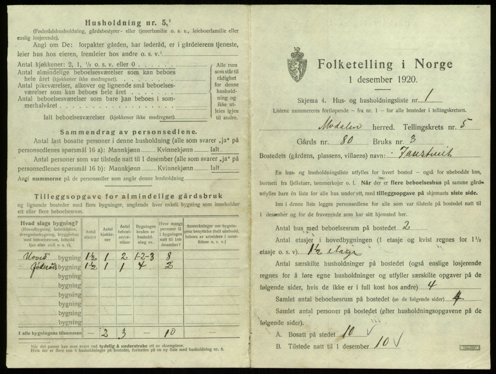 SAB, 1920 census for Modalen, 1920, p. 143