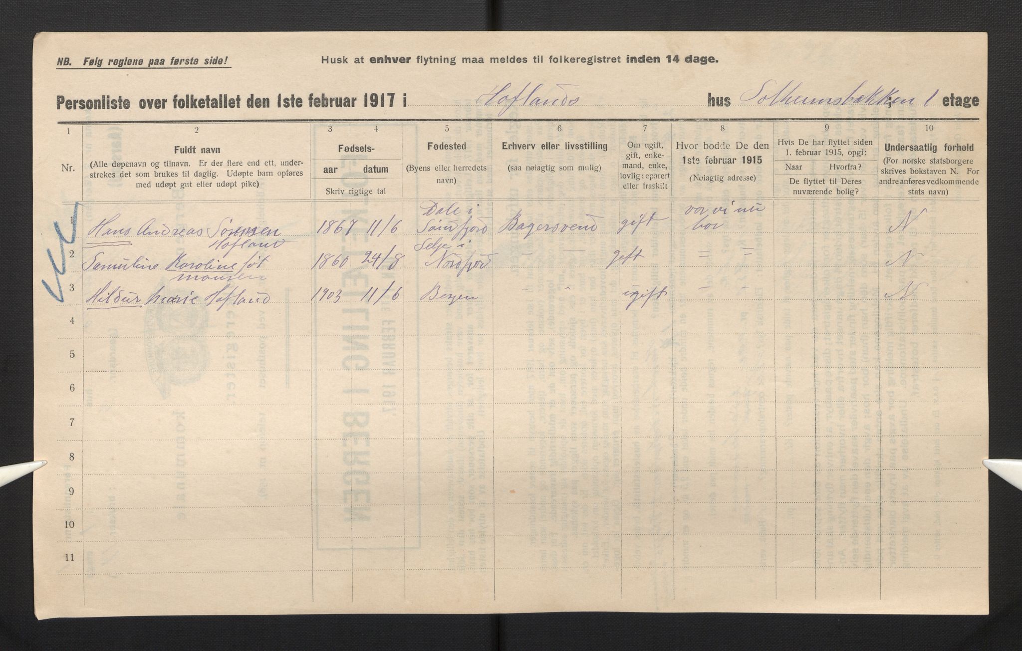 SAB, Municipal Census 1917 for Bergen, 1917, p. 46907