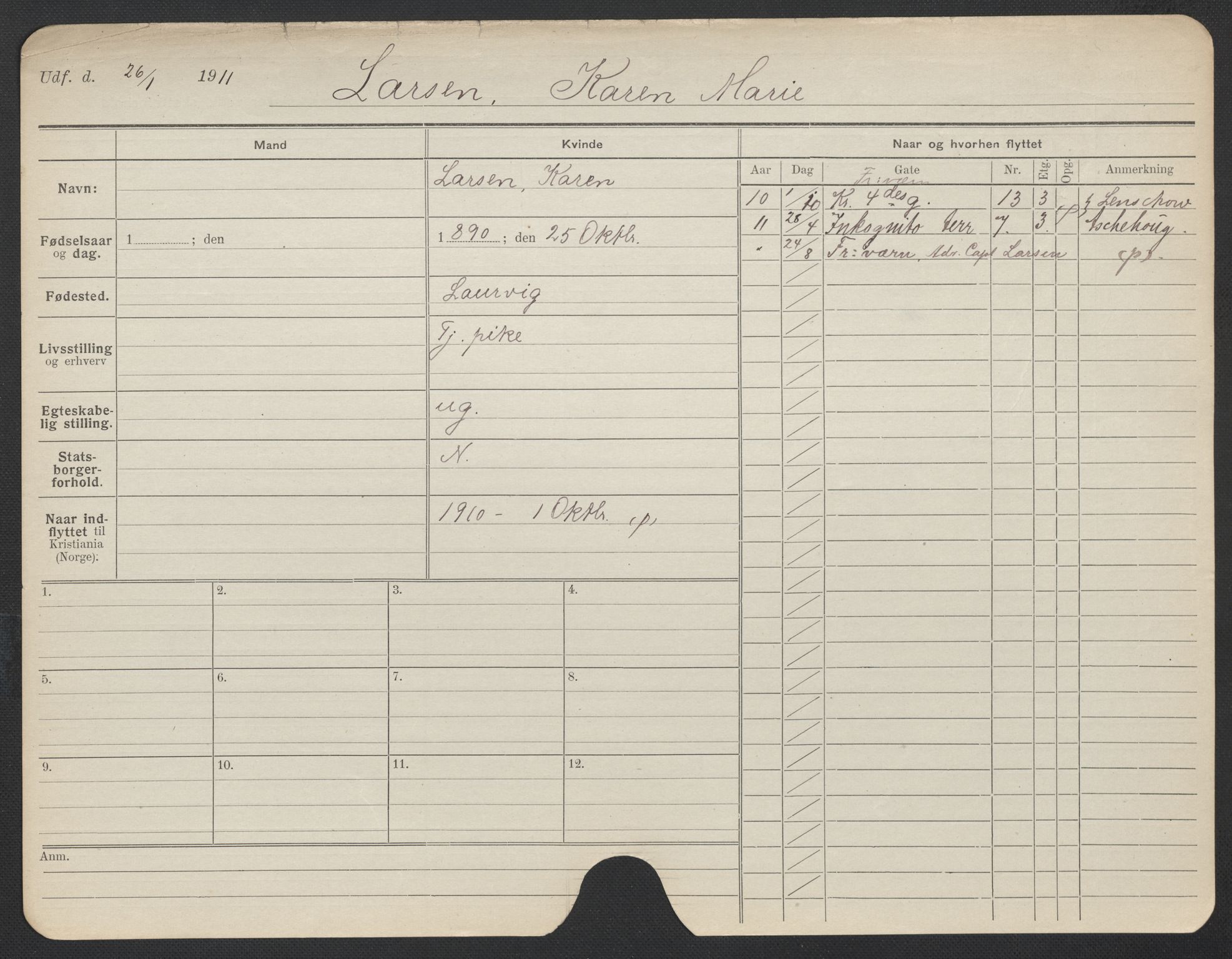 Oslo folkeregister, Registerkort, AV/SAO-A-11715/F/Fa/Fac/L0019: Kvinner, 1906-1914, p. 993a