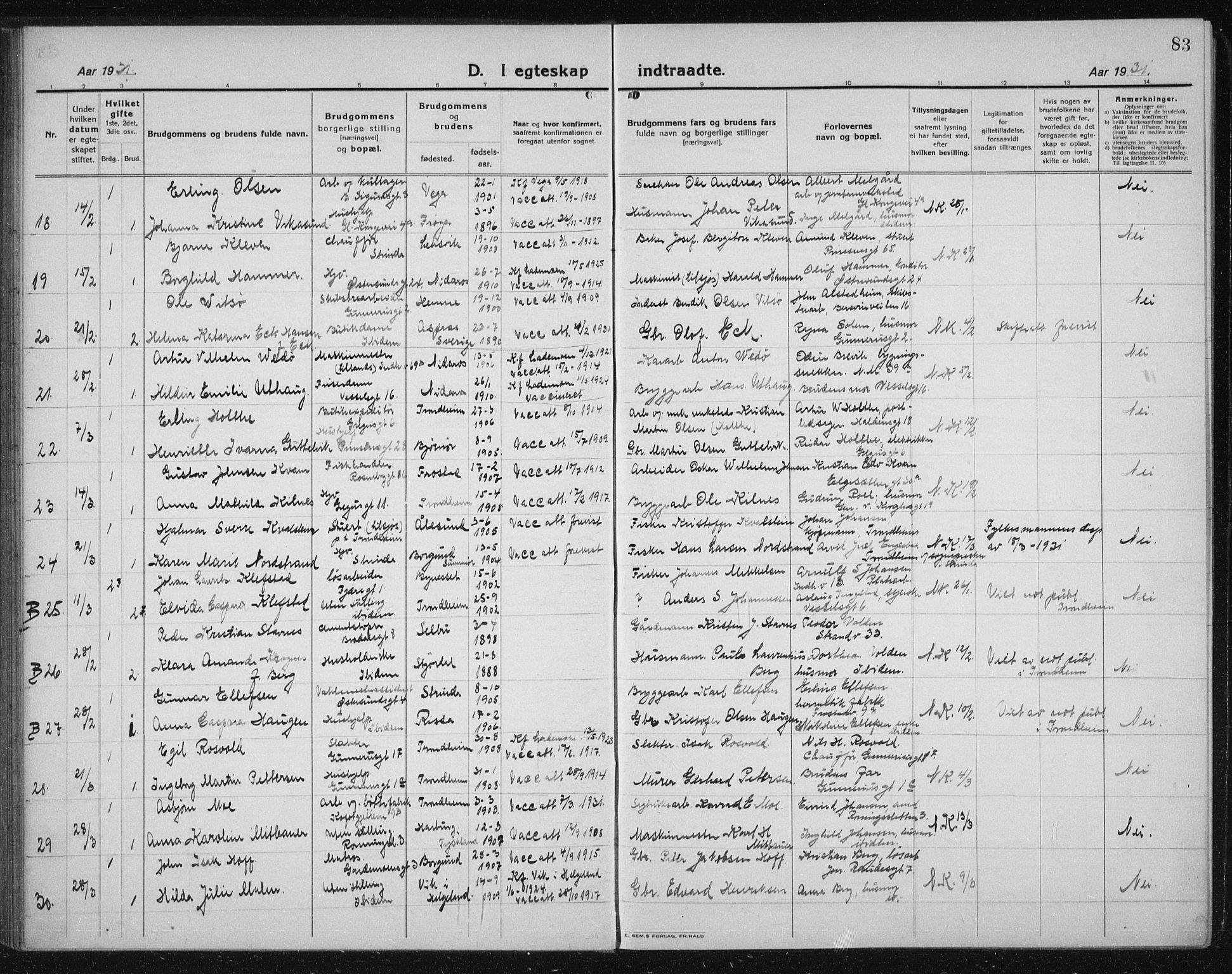 Ministerialprotokoller, klokkerbøker og fødselsregistre - Sør-Trøndelag, AV/SAT-A-1456/605/L0260: Parish register (copy) no. 605C07, 1922-1942, p. 83