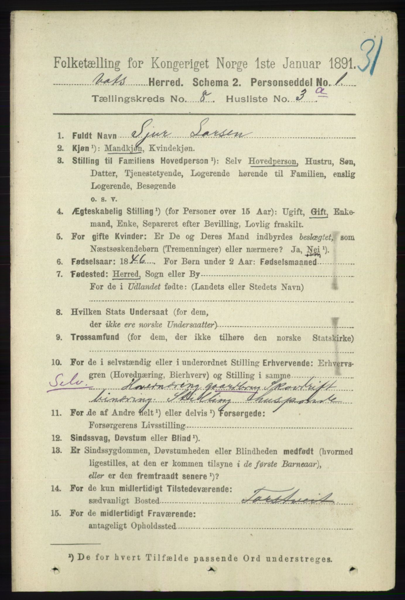 RA, 1891 census for 1155 Vats, 1891, p. 1340