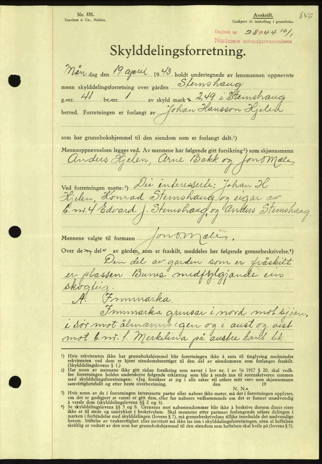 Nordmøre sorenskriveri, AV/SAT-A-4132/1/2/2Ca: Mortgage book no. A96, 1943-1944, Diary no: : 28/1944